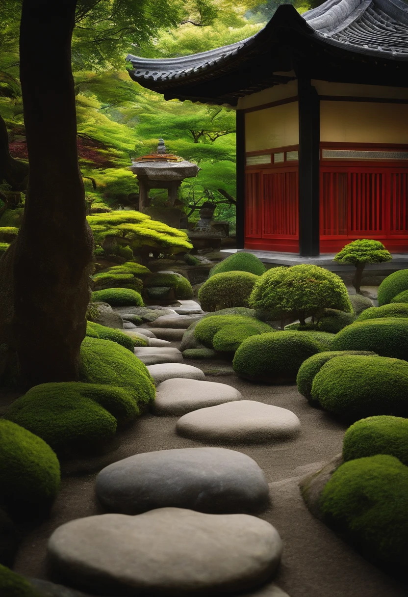 Japanese garden, smooth stone walkway, There are hexagonal houses