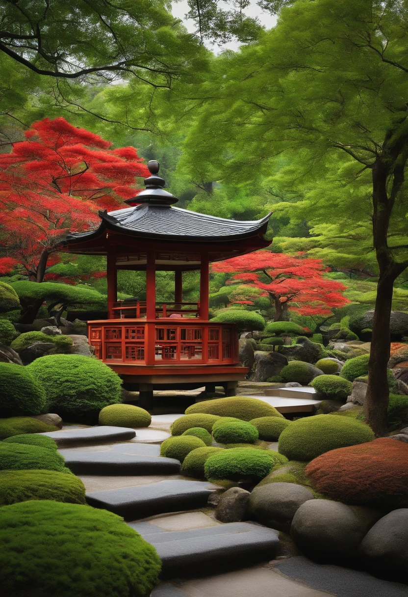 Japanese garden, smooth stone walkway, There are hexagonal houses