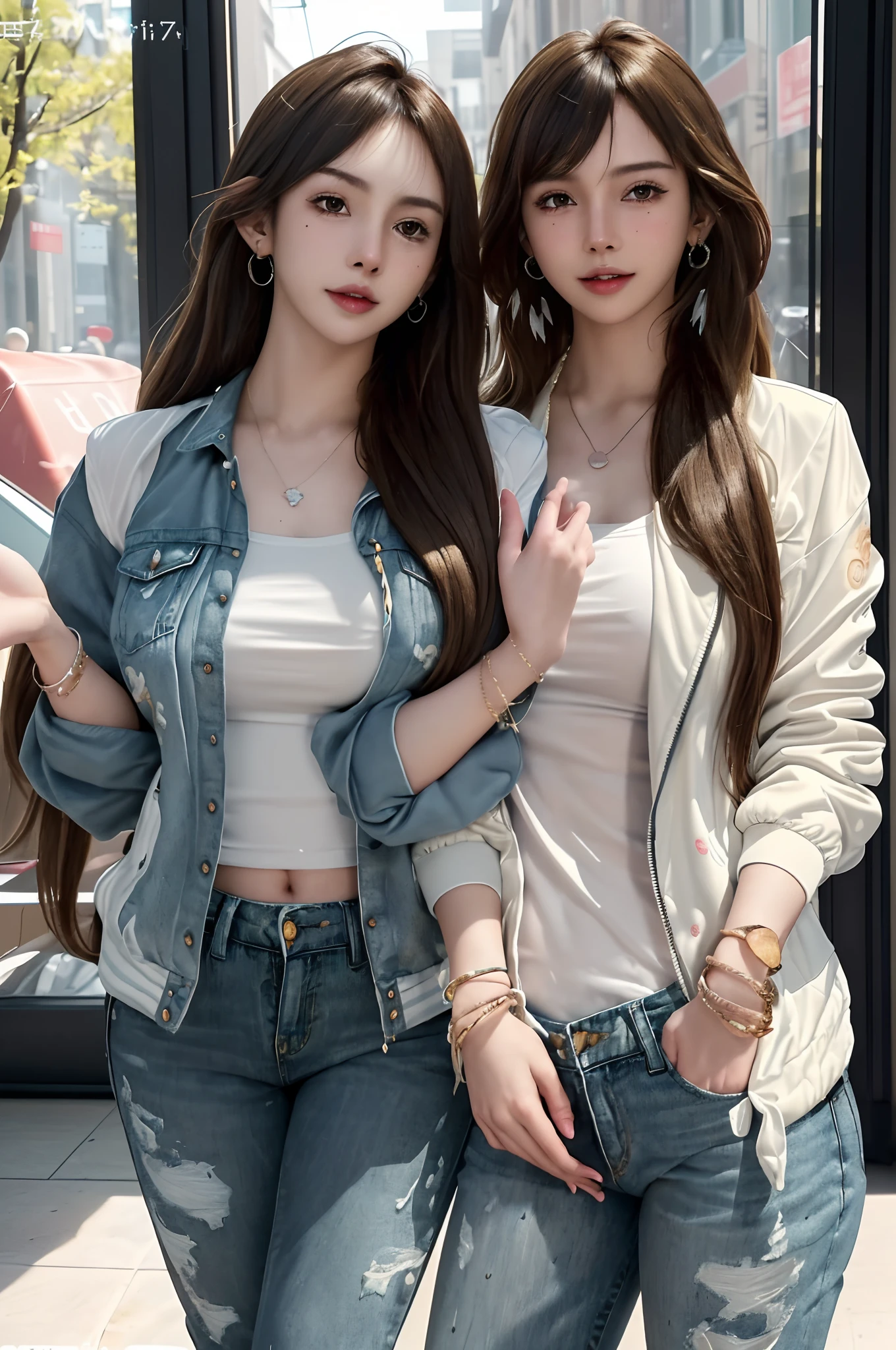 (Masterpiece, Best quality), (photograph realistic), (intricately details, Detailed face), hdr, 2girls,duo,leering:1.4,Dynamic pose, Beautiful girl
Front view, Look at the camera,
Light smile,
Variety of hairstyles,
(Variety of styles Jacket print, Variety of styles Home, A wide variety of pants),
Various earrings,
Various necklaces,
Various bracelets,