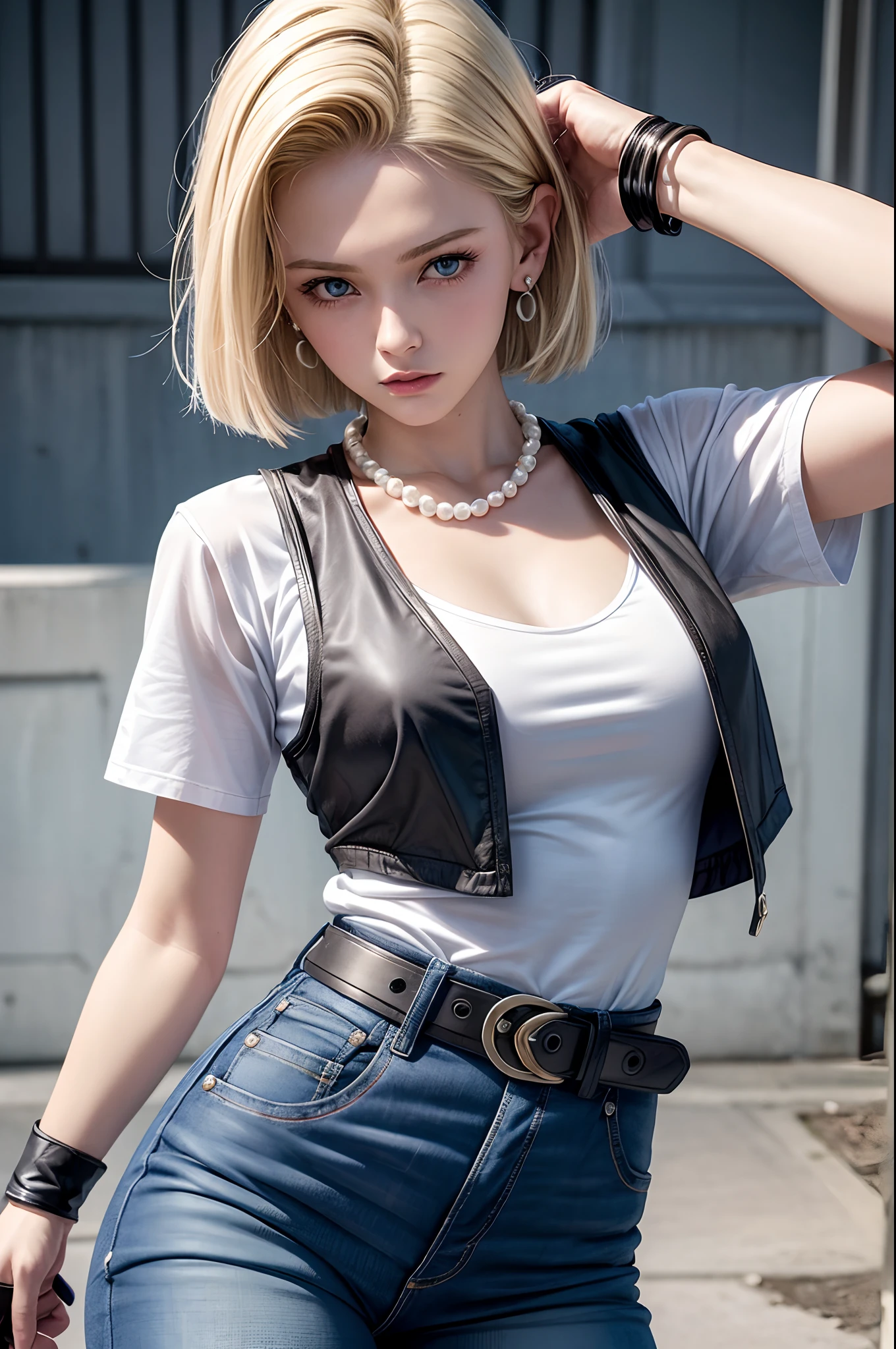 8k,Real picture,complexdetails,hyper-detailing,(realisticlying),
and18,1girll,Android18,blond hairbl,eBlue eyes,obi strip,denim pant, pearl_necklace,bangle,Black gloves,white shirt,short detailed hair,short- sleeved,耳Nipple Ring,blue pants,Open the vest,black tanktop,
peace,flags,D-cups,