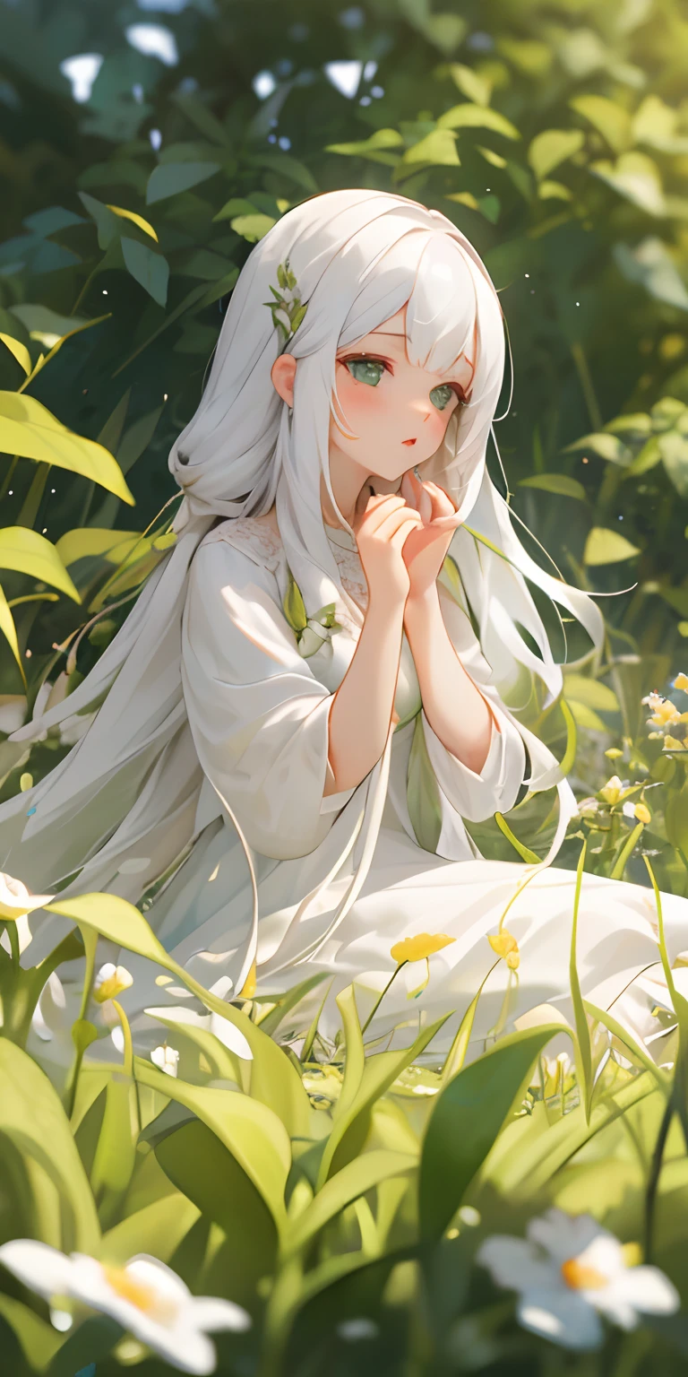 (masterpiece, best quality),1girl with long white hair sitting in a field of green plants and flowers, her hand under her chin, warm lighting, white dress, blurry foreground