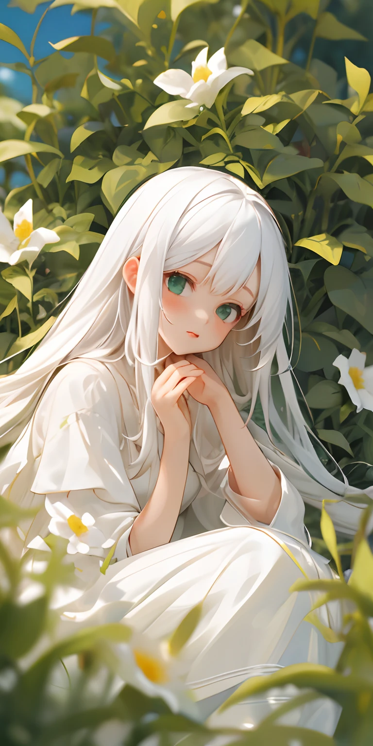 (masterpiece, best quality),1girl with long white hair sitting in a field of green plants and flowers, her hand under her chin, warm lighting, white dress, blurry foreground