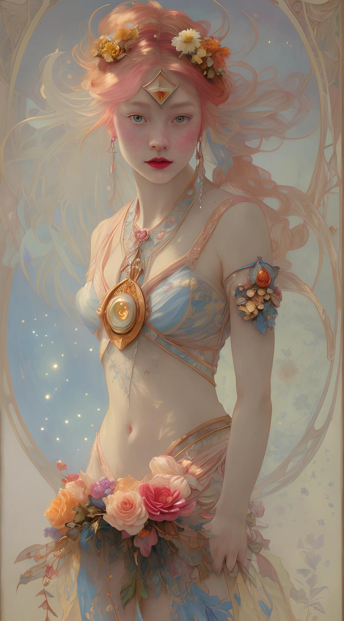 (symmetry: 1.1) (floral portrait: 1.05) a mulatto woman as a FAIRY OF THE FOREST, (assassins creed style: 0.8), pink and gold and opal color scheme, beautiful and intricate filegrid face painting, intricate, elegant, highly detailed, digital painting, art station, concept art, smooth, sharp focus, illustration, art by Greg Rutkowski and Alphonse Mucha, 8K Moon fairy kneeling, quarter moon shining small inside jar, filled with peach isometric shot inside a glass jar looking out, gossamer, short skirt blue, yellow gold red and orange, chrysanthemum, nighttime, stardust. Fairytale, rococopunk, delicate studio artist model. Best quality, oil painting on canvas. Coby Whitmore, Ray Caesar, Lichtenstein, Fragonard, Van Gogh. Surrealism. Exquisitely detailed luminous portrait moon. Moon, clouds, waves, ocean, glow, bioluminescence. 18th century masterpiece, Vogue fashion illustration, delicate embroidery. Perfect red lips, Perfect face, delicate face, perfect eyes, detailed pupils. By Maya, water