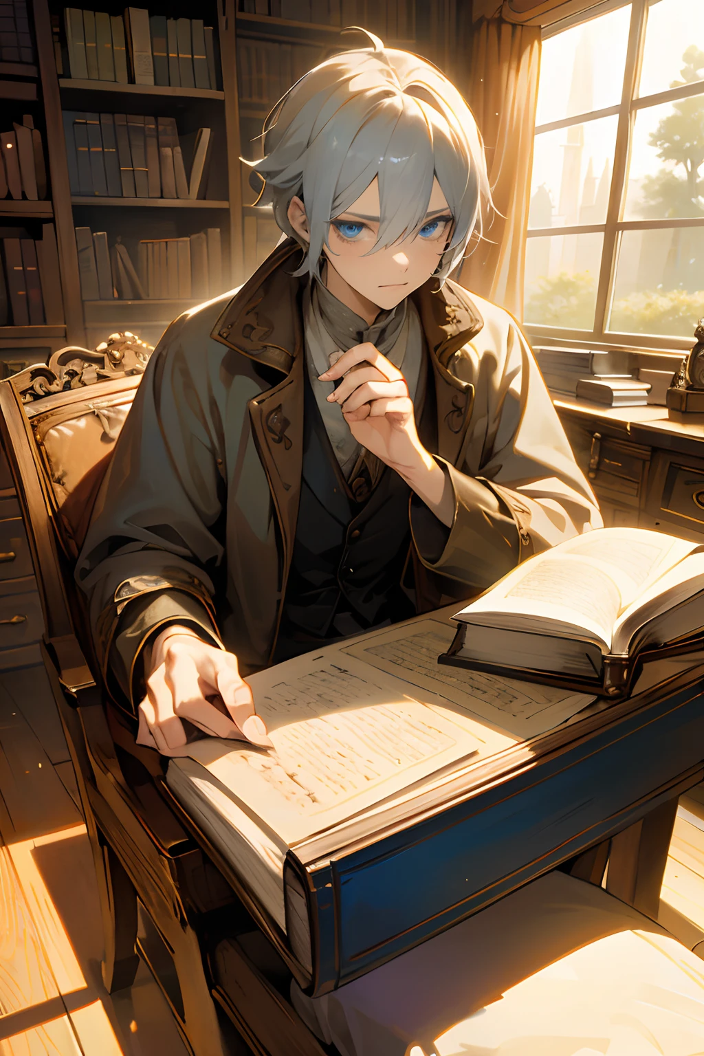 Anime boy, grey hair, blue eyes, sitting, fantasy library background,wearing stylish modern dress, best quality,ultra-detailed,realistic,masterpiece:1.2,(bookshelf:1.1),(giant book:1.1),(mysterious light:1.1),old parchment,ornate wooden desk,vintage candle holder,magical atmosphere,(floating books:1.1),dusty air,worn-out leather armchair,wisdom,enchanted,otherworldly,vibrant colors,soft natural lighting
