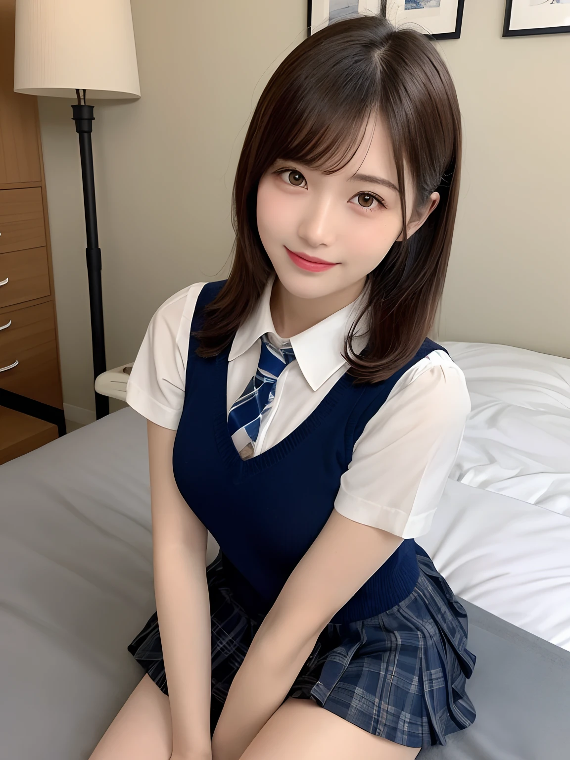 (masterpiece:1.2、top-quality、8K)、(Authentic images、intricate-detail)、独奏、Female 1 Person、Black、gals、Schools、Japanese high school girl、Japan schoolgirl uniform、are visible、exposed boob、Erokawa Idol、masterpiece, best qualtiy, 1girl in, shorth hair, Black pantyhose, sitting on, Spread your legs apart, pee pose、embarrassed from, red blush, Inviting look,18-year-old Yuina、Squirting、Wearing panties、on the beds、hotels room、