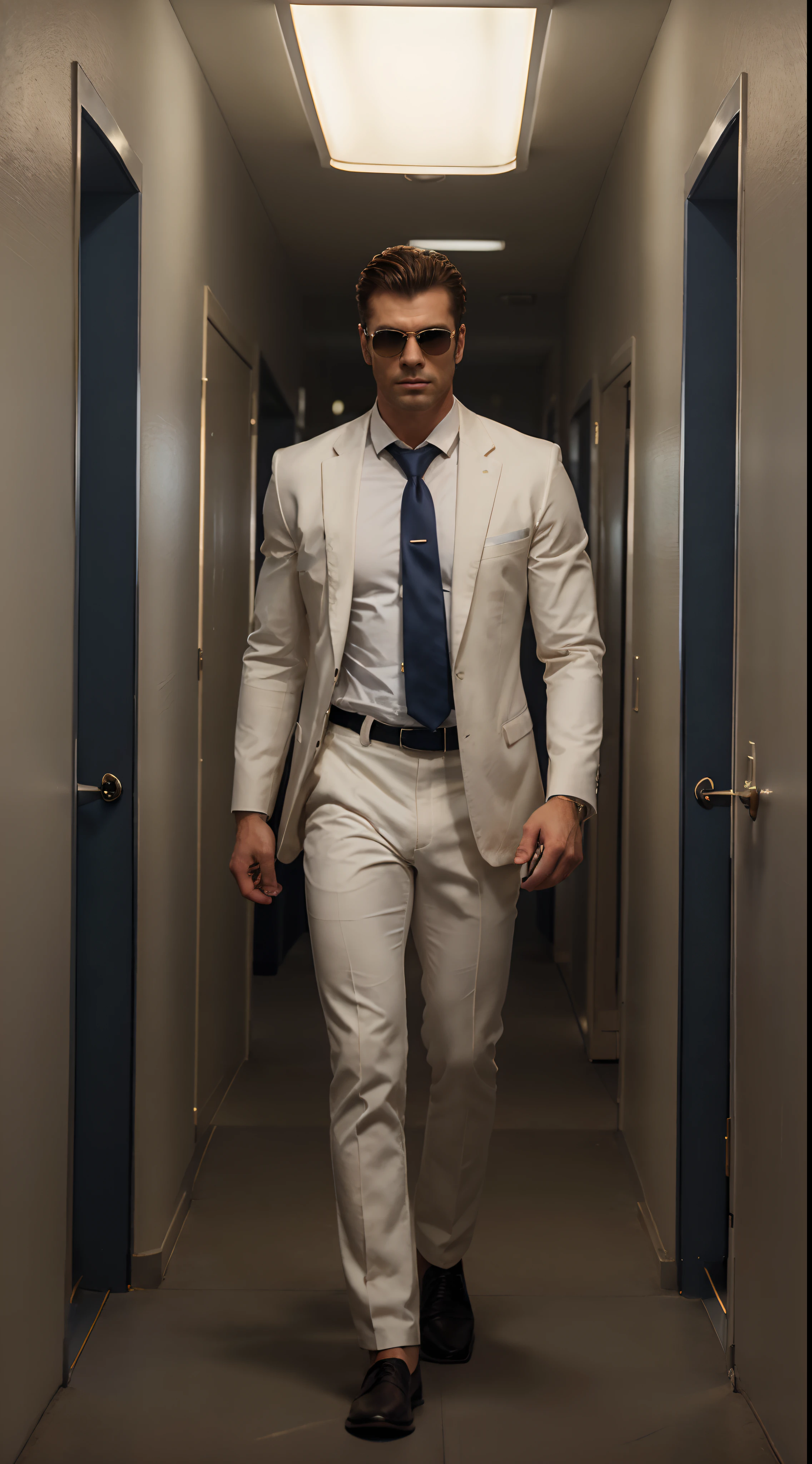 A muscular tall man, in dark blue shirt, a opened bottom white coat, white formal pant, brown shoe, brown belt, sunglass, dark yellow set hair, walking through corridor, dark background, a pistol in hand faced downward, black dotted tie, looking fabulous, handsome, for wallpaper, danger tone