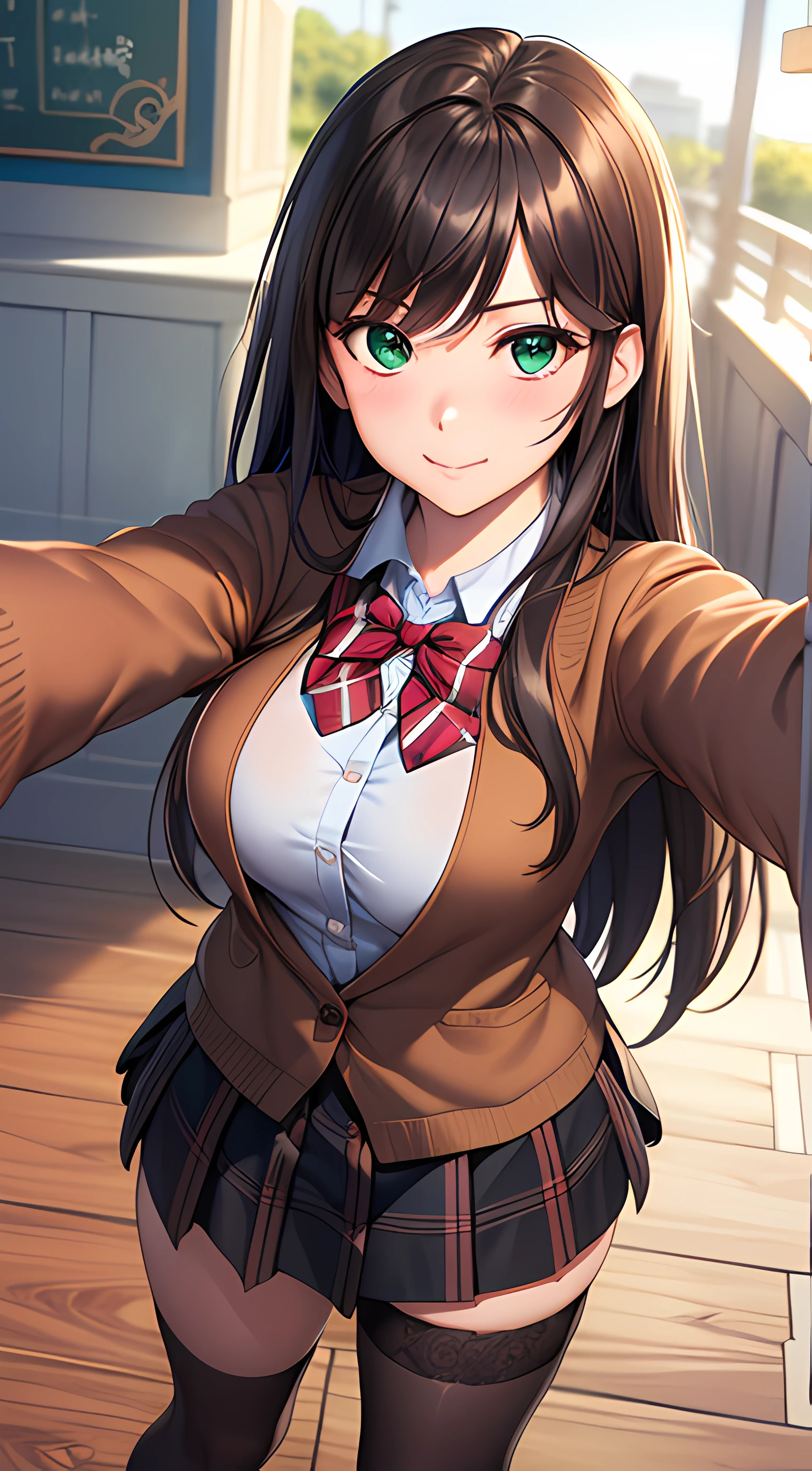 ((masterpiece, best quality, highres, UHD, perfect pixel, depth of field, 4k, RTX, HDR))), 1girl, single, solo, beautiful anime girl, beautiful artstyle, anime character, ((long hair, bangs, brown hair)), (green eyes:1.4, rounded eyes, beautiful eyelashes, realistic eyes), (detailed face, blushing:1.2), (smooth texture:0.75, realistic texture:0.65, photorealistic:1.1, anime CG style), medium breasts, (selfie, dynamic angle, dynamic pose:1.4, pov, close up, looking to viewer), perfect body, (red bowtie, school uniform, black jacket, closed jacket, brown cardigan, white shirt), ((black skirt:1.5, plaid skirt, black stocking)), sly smile, amusement park