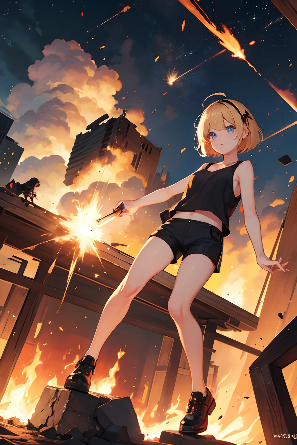 during night、Base explosion and burning、Exploding buildings、Cute girl with a lit matchstick、cute face、full body Esbian、Short bob hair、a blond、blue eyes、Black tank top、sexy black shorts、Wearing black shorts