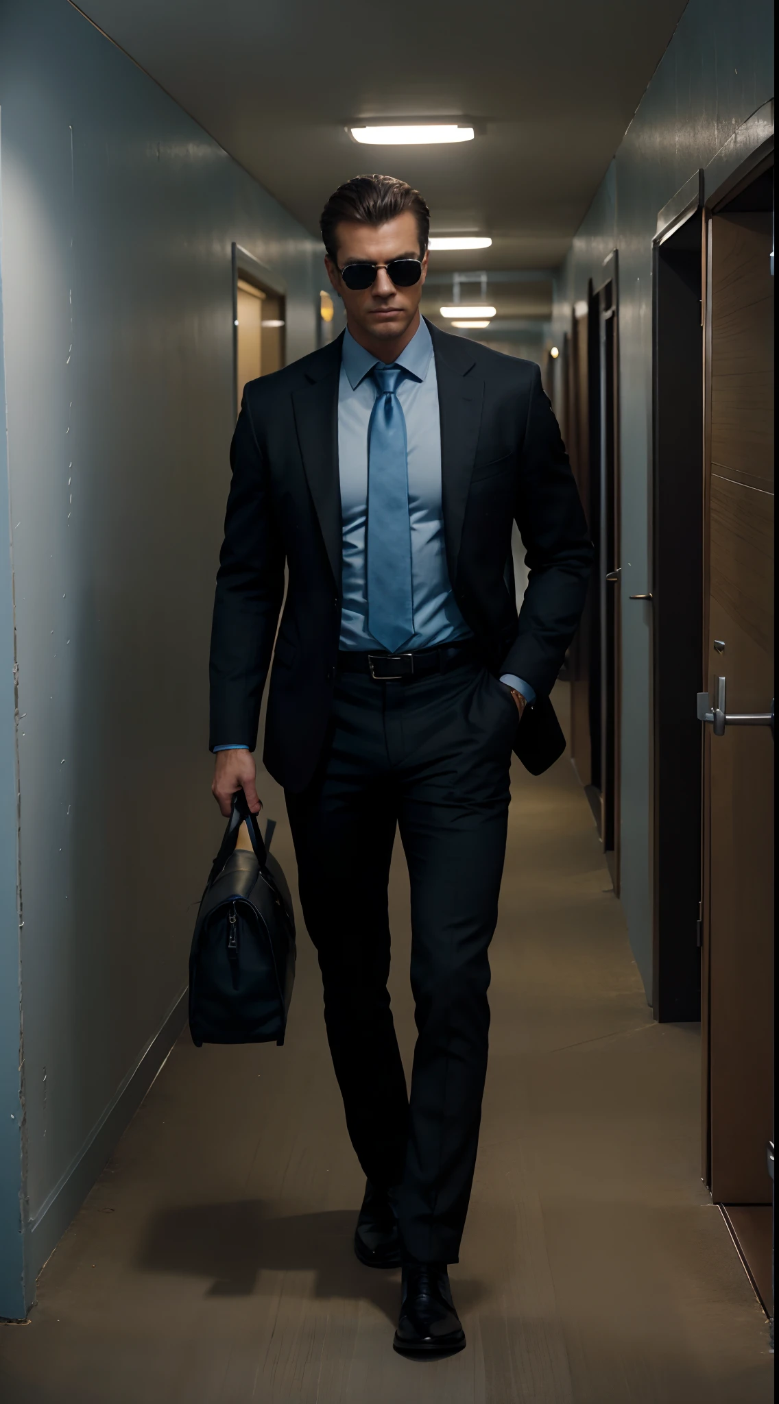 A muscular tall man, in light blue shirt, a opened bottom black coat, black formal pant, brown shoe, brown belt, sunglass, dark yellow set hair, walking through corridor, dark background, a pistol in hand faced downward, black dotted tie, looking fabulous, handsome, for wallpaper, danger tone