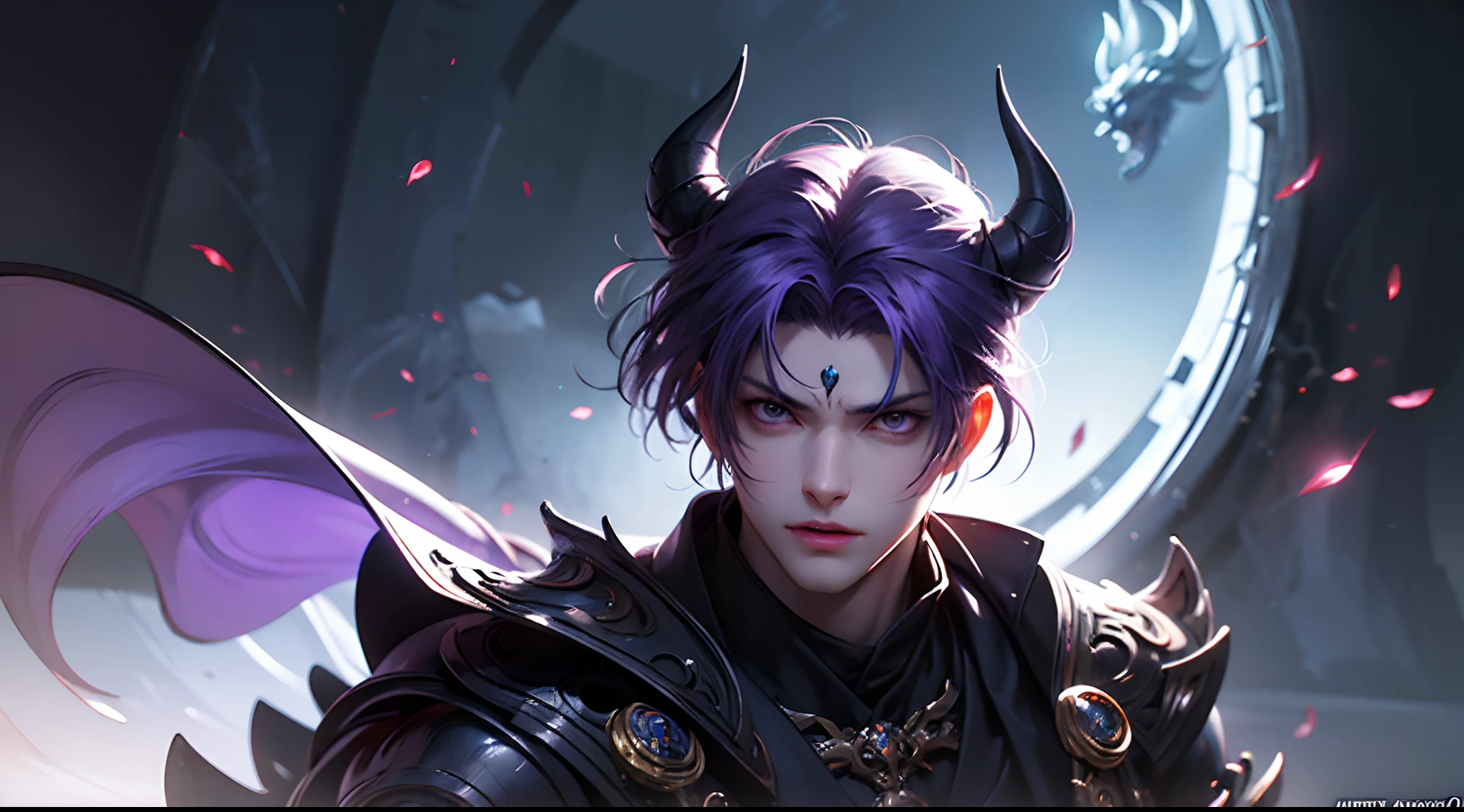 anime character with purple hair and glowing eyes in front of a dark background, handsome guy in demon slayer art, epic fantasy art style, badass anime 8 k, epic fantasy digital art style, detailed digital anime art, human male demon, portrait of hades, epic fantasy art style hd, fierce expression 4k, demon male, extremely detailed artgerm