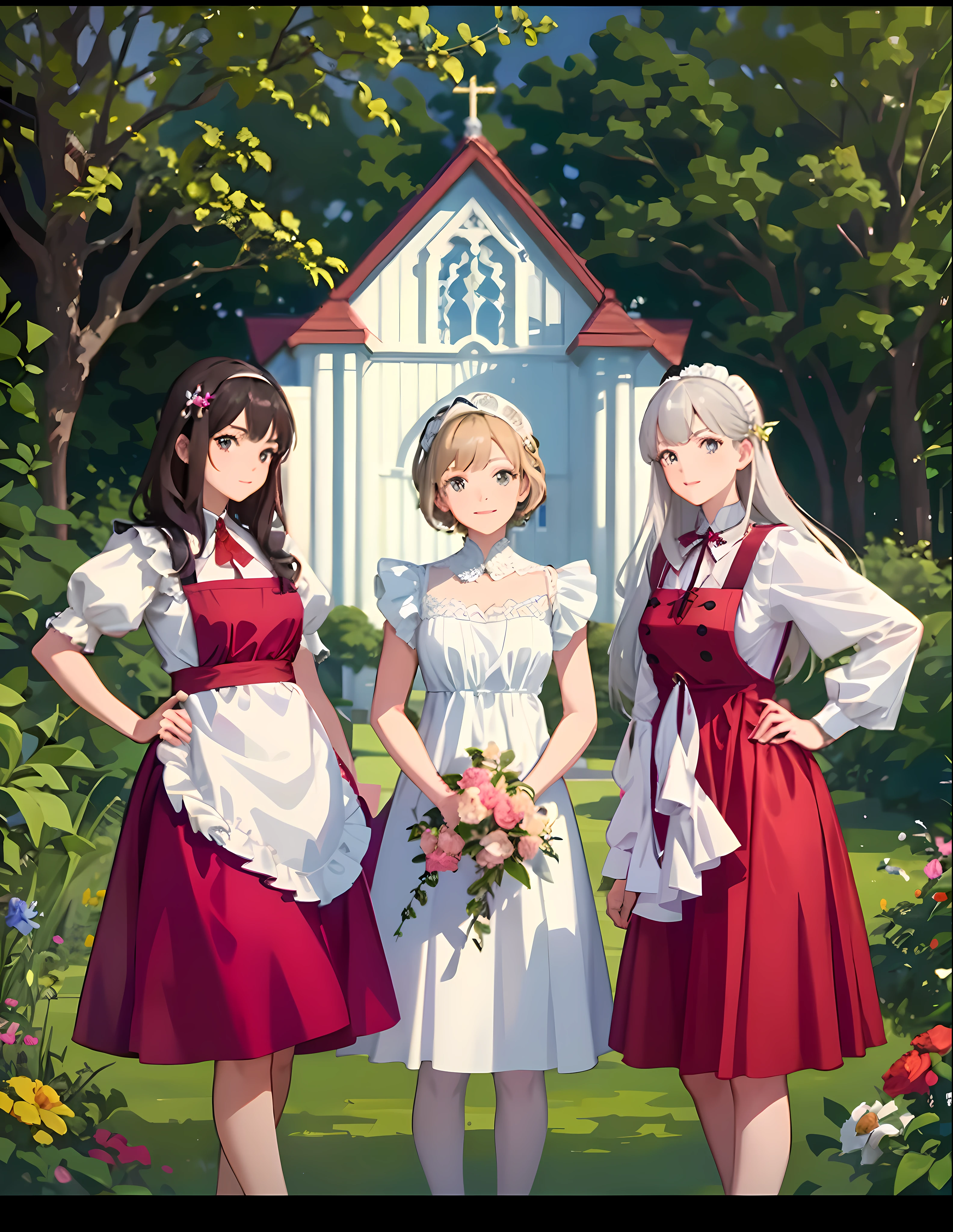 Three women in dresses stand in front of the church in the garden, high detail official illustrations, Maid's dress