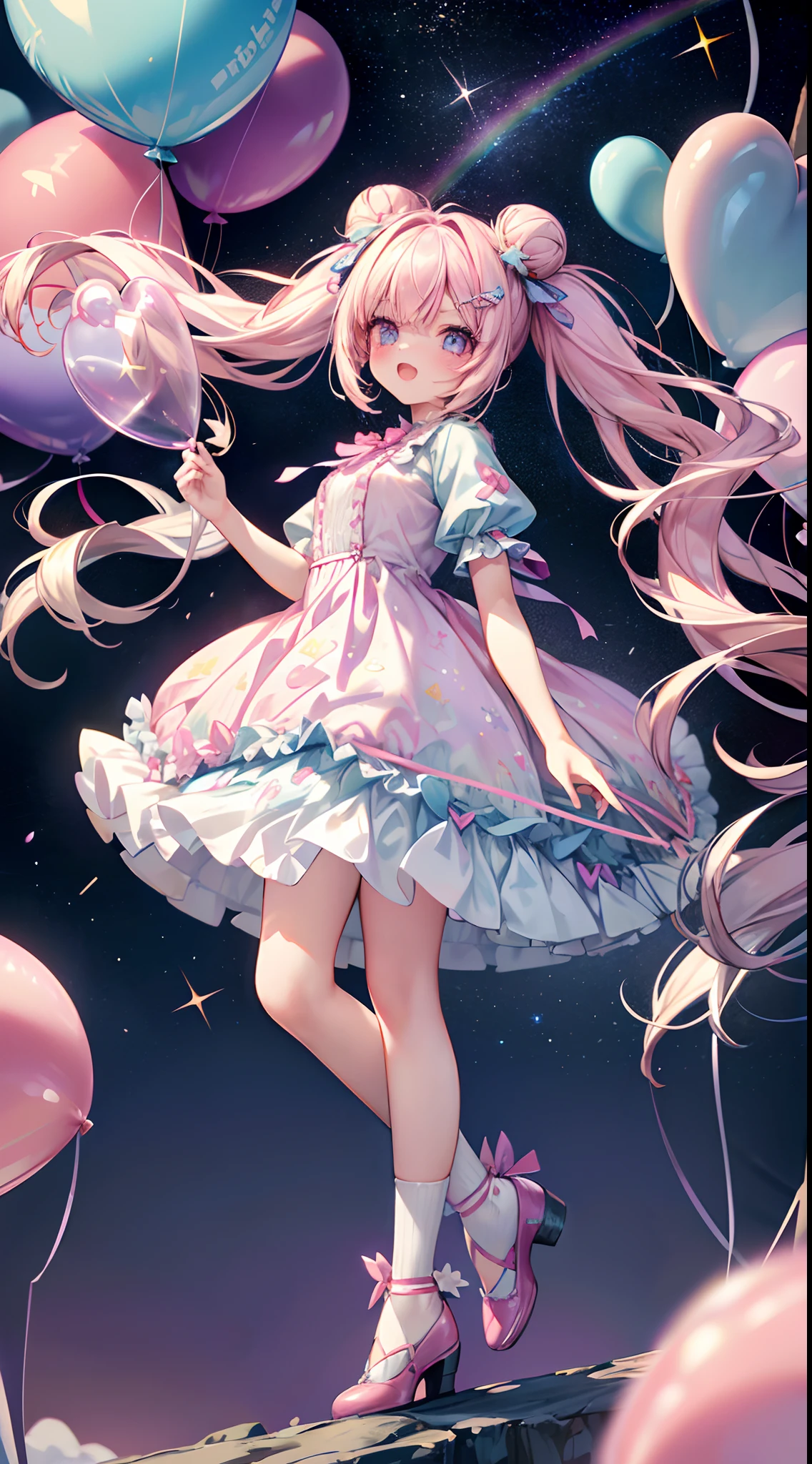 (fullbody, legs and shoes visible: 1.2)) expressive eyes, woman, pale skin, long hair, windblown hair, ((absurdly long hair)), long sidelocks, hime bangs, hair fringe, hair bun, ((very long twintails)), iridescent hair, light pink hair, blushing, full face blushing, big sparkling pastel purple eyes, (gradient eyes), open mouth smile, cute pose, ((holding balloons : 1.3)) 
((cute and pastel fashion)), flowy pastel dress, ((dreamy multicolored open dress)), (floating ribbons), lavender ruffles, pink frills, (light blue lace), detached short sleeves, puffy skirt, ((rainbows and stars print skirt : 1.3)), lolita skirt, purple bows, ((pompon ribbons hair ornament : 1.4)), multiple bows, striped lace stockings, (heart shaped leg garter), cute (pastel purple) shoes ((hyperdetailed clothing and fashion)) looking at you, vintage girl, blushing, (beautiful detailed eyes), (extremely detailed CG unity 8k wallpaper) (best shadow), ((an extremely delicate and beautiful)), (detailed light), ((depth of field)) big head, big sparkling eyes, moe, splash art, cinematic lighting, frontal view, volumetric lighting maximalist photo illustration 64k resolution high res intricately detailed complex key visual precise linear 
((in the dreamy pastel sky background, surrounded by sunset clouds, shooting stars, castles in the clouds)) ((hyperdetailed scenery, foggy clouds, suspended by balloons, hearts : 1.3))