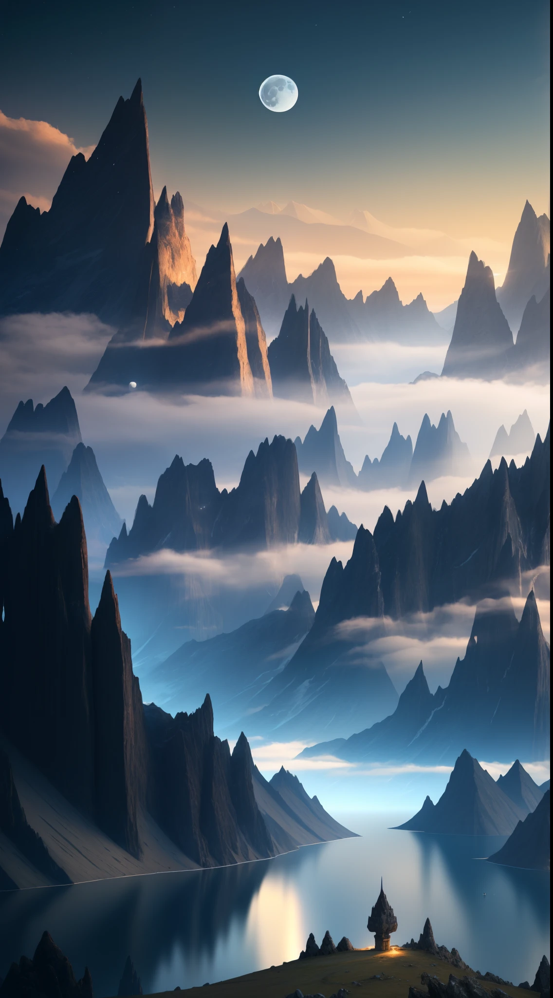 mountains and a lake with a moon in the sky, 4k highly detailed digital art, 4 k hd wallpaper very detailed, impressive fantasy landscape, sci-fi fantasy desktop wallpaper, unreal engine 4k wallpaper, 4k detailed digital art, sci-fi fantasy wallpaper, epic dreamlike fantasy landscape, 4k hd matte digital painting, 8k hd wallpaper digital art