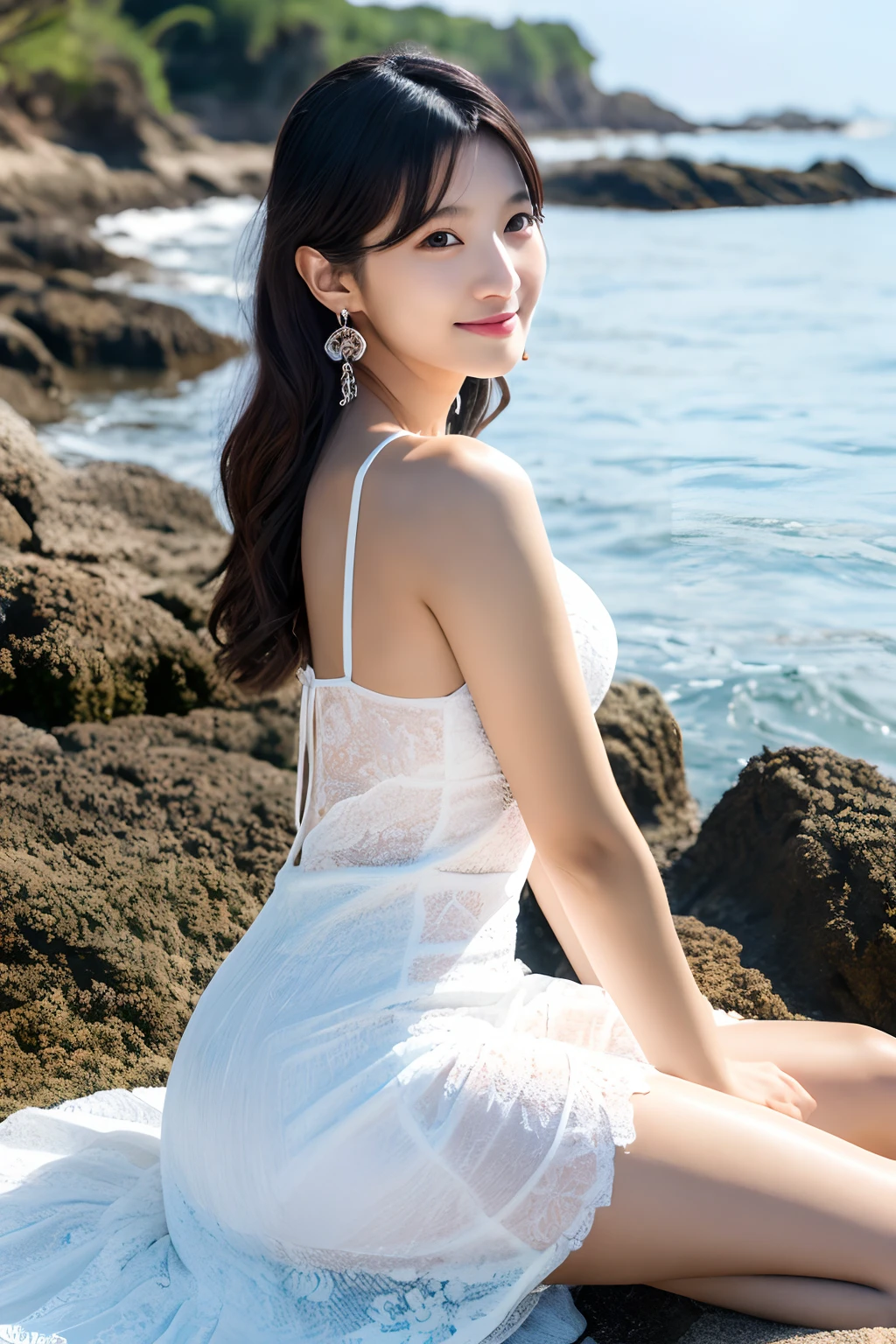 (masutepiece,Masterpiece,top-quality), Stunning photos of Korean girl models, Full body, 8K, Raw photo, Looking at Viewer, (highly detailedskin:1.2), Slim body, Black hair, (Photorealistic:1.4), White long dress, Solo, Jewelry, earrings, (Looking at Viewer), Long hair, Brown eyes, Portrait, Realistic, Smile, makeup, sea side、gravure