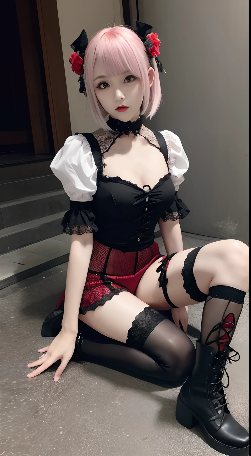 short-hair、Gothic ta in Japan、hotpants、Perforated Lace Knee Socks、head phone、Hold the sword、Red mesh with white hair、Black boots、Floral hair ornament
