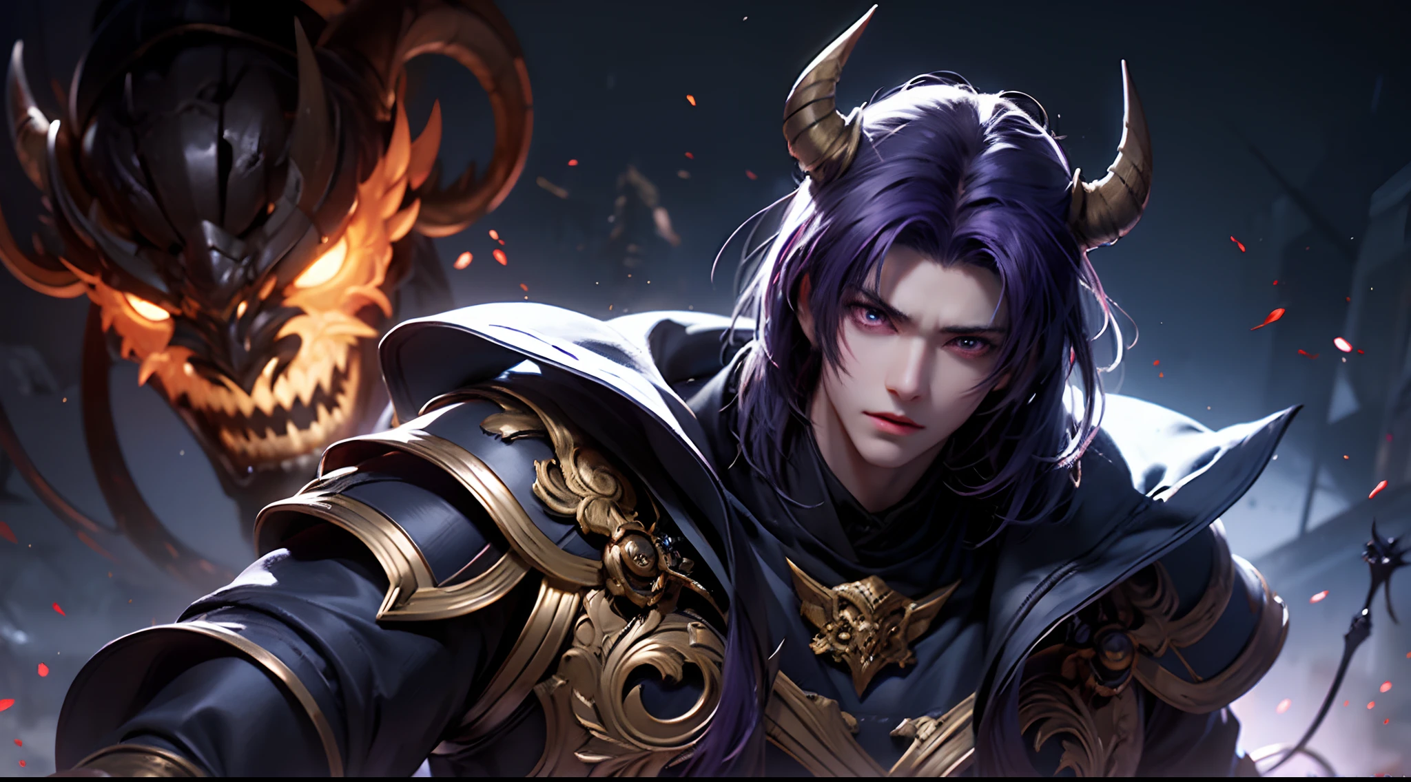 anime character with purple hair and glowing eyes in front of a dark background, handsome guy in demon slayer art, epic fantasy art style, badass anime 8 k, epic fantasy digital art style, detailed digital anime art, human male demon, portrait of hades, epic fantasy art style hd, fierce expression 4k, demon male, extremely detailed artgerm