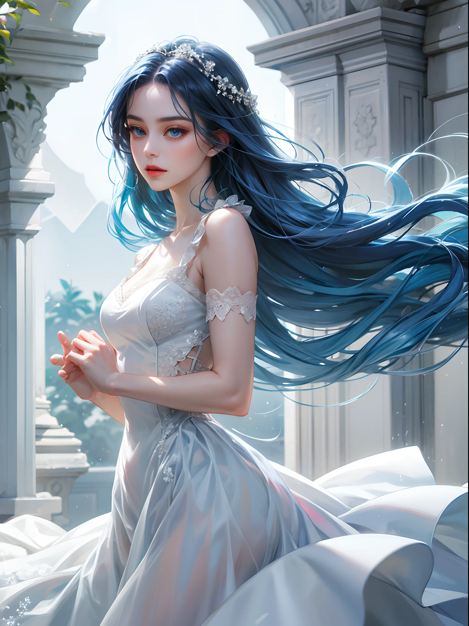 a women, blue hair, blue eyes, white dress