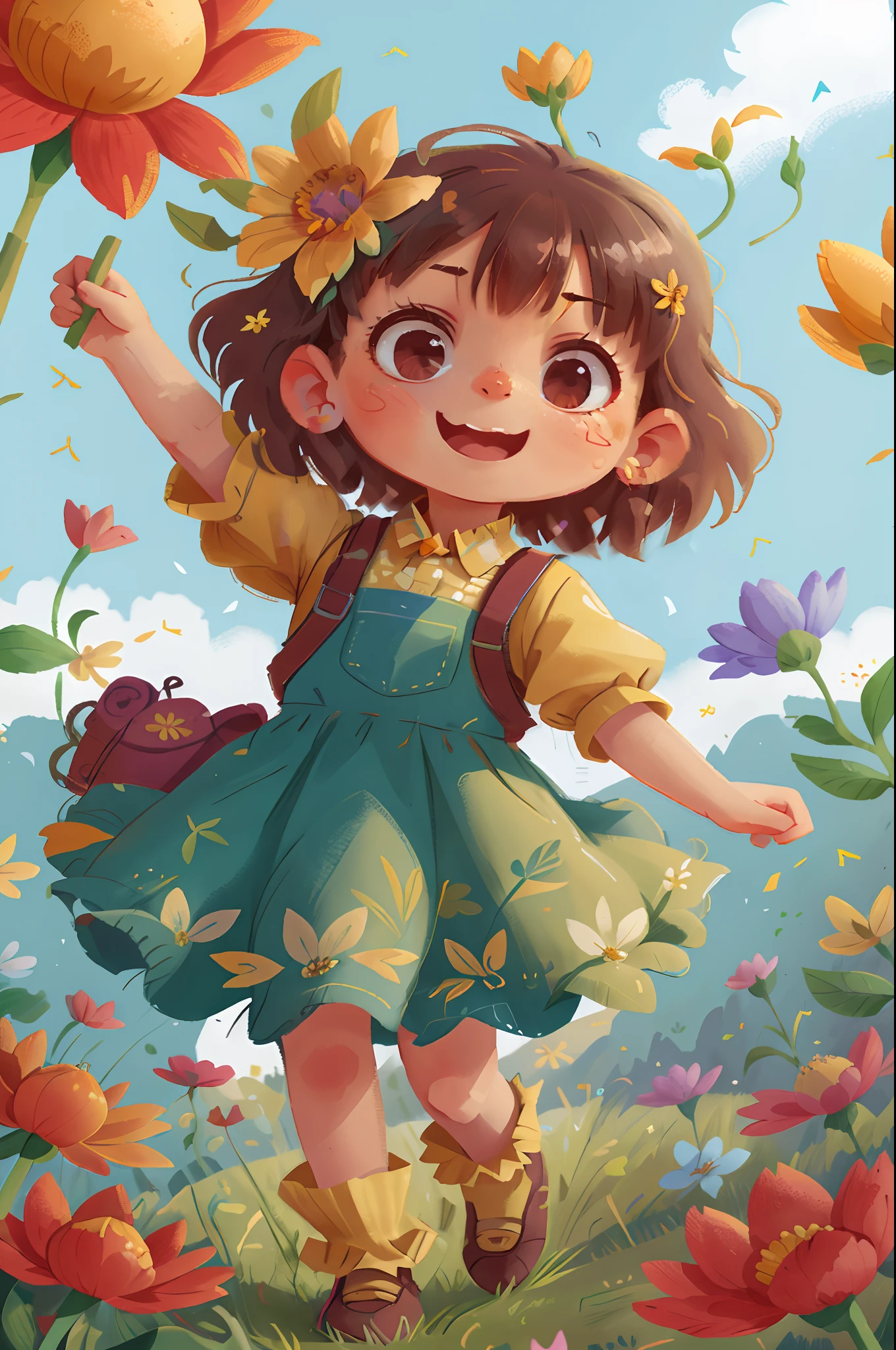 A girl holding flowers, colorful balloons floating in the sky, meadow, dancing, holding flowers, happy, happy, perfect quality, clear focus (clutter-home: 0.8), (masterpiece: 1.2) (Realistic: 1.2) (Bokeh) (Best quality) (Detailed skin: 1.3) (Intricate details) (8K) (Detail Eyes) (Sharp Focus), (Happy)