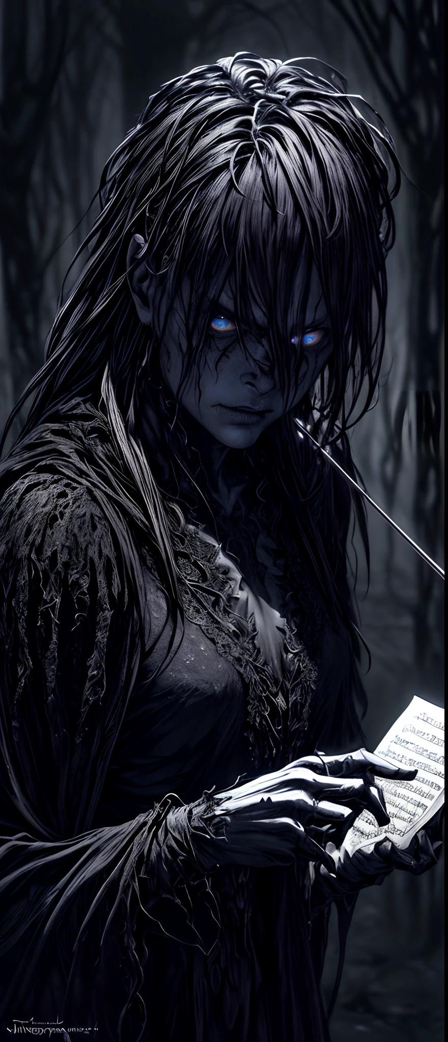 (best quality,4k,8k,highres,masterpiece:1.2),ultra-detailed,(realistic,photorealistic,photo-realistic:1.37),dark room,Alraune figure playing a violin,fantastic violin,Calavera couplet,dark metal music art,dark but intricate digital art,80s style Thomas Allen Kuehler,(phantasmal violin),Tomasz Alen Kopera and CGsociety,dramatic art piece,Straven Gel,created by Slawomir Maniak,showcasing a eerie and disturbing atmosphere,dark style,dark souls,expressive music,depth and shadows, enchanting and gloomy ambiance,dark and mysterious,nightmare,violent beauty,haunting melody,dark symphony,shadowed corners and dim light,hypnotizing performance,ominous setting,graceful and haunting,blackened music notes,faint glow in the dark,darkened room with sinister allure,focus on Alraune's stunning eyes, evoking emotions through his meticulous bow strokes.
