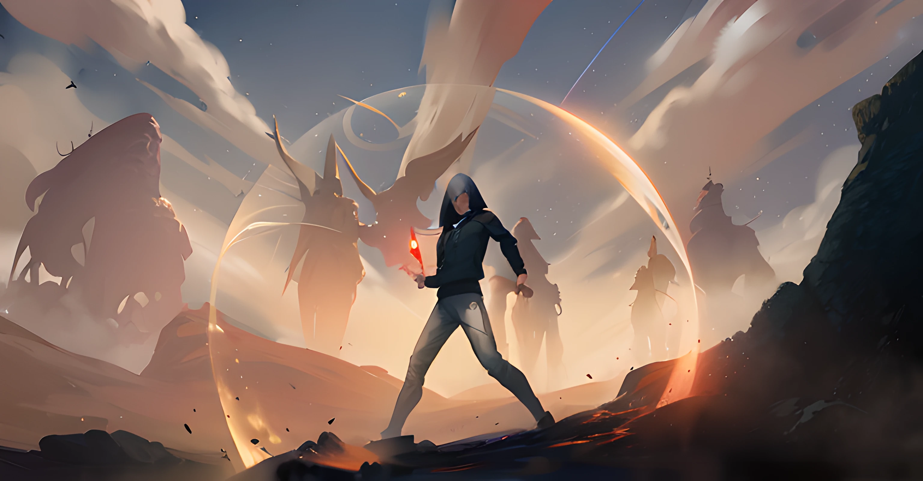 There is a man standing on a hill with a sword, arte conceitual do metaverso, Android Jones e RHADS, Android Jones e Atey Ghailan, Artgerm e Atey Ghailan, Cyril Rolando e Goro Fujita, Arte conceitual da Riot Games, estilo de duelyst, No estilo de arte de Mohrbacher, arte conceitual | RHADS
