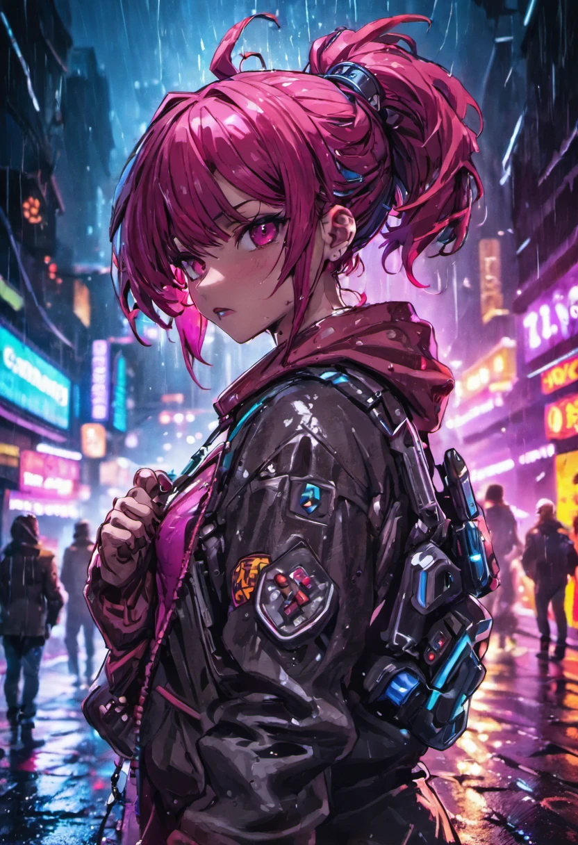 fotografia de close-up, jovem mulher cyberpunk confiante com cabelos loiros e brancos em um coque, usando um capuz com desenhos vermelhos e azuis, on a rain-soaked street at night, fotorrealista, Cinematic lighting