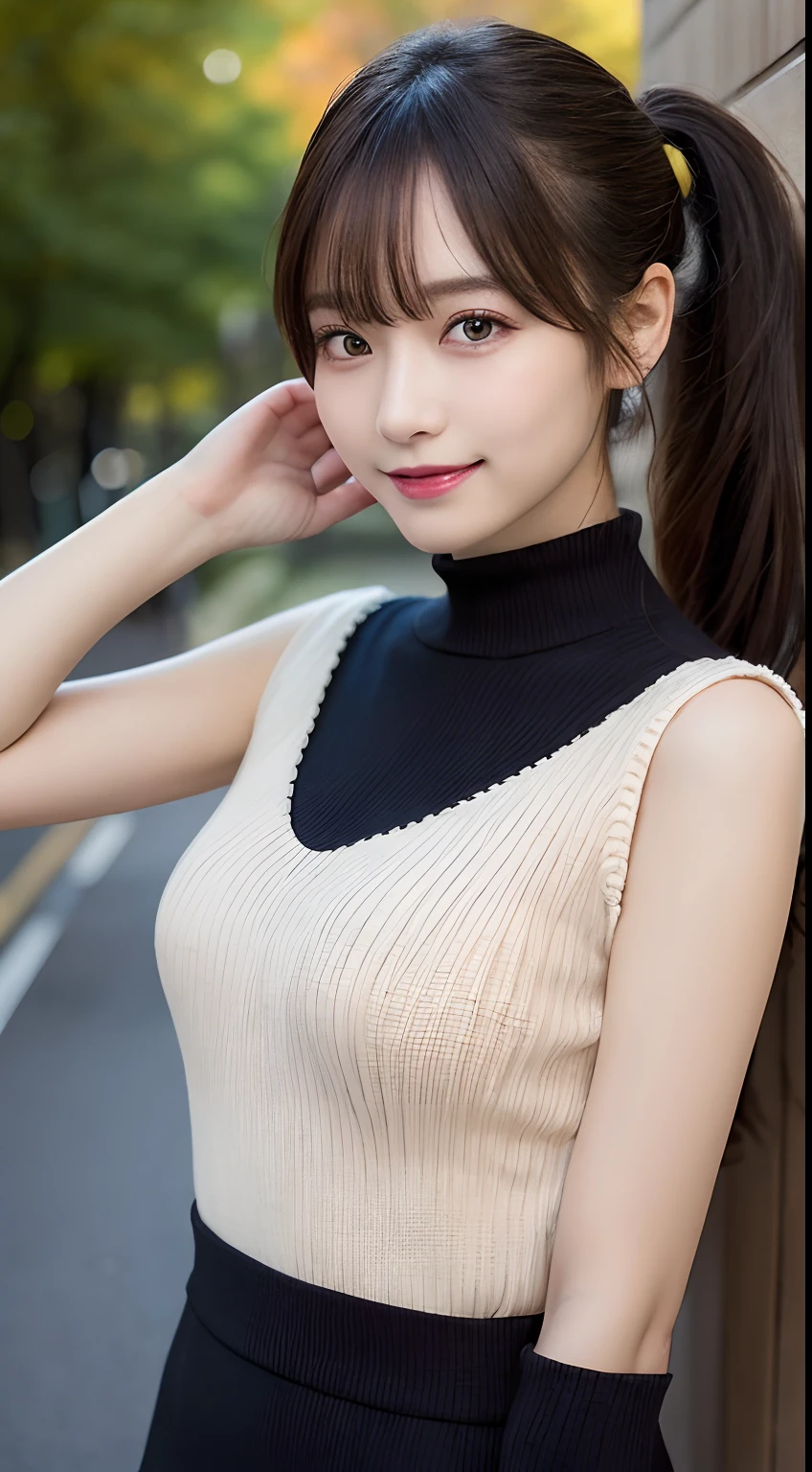 masutepiece, Best Quality, Illustration, Ultra-detailed, finely detail, hight resolution, 8K Wallpaper, Perfect dynamic composition, Beautiful detailed eyes, Women's Fashion Autumn Knitwear,Ponytail hair,Small breasts natural color lip, Bold sexy poses,Smile,Harajuku、20 years girl、Cute、Sexy shot looking at camera