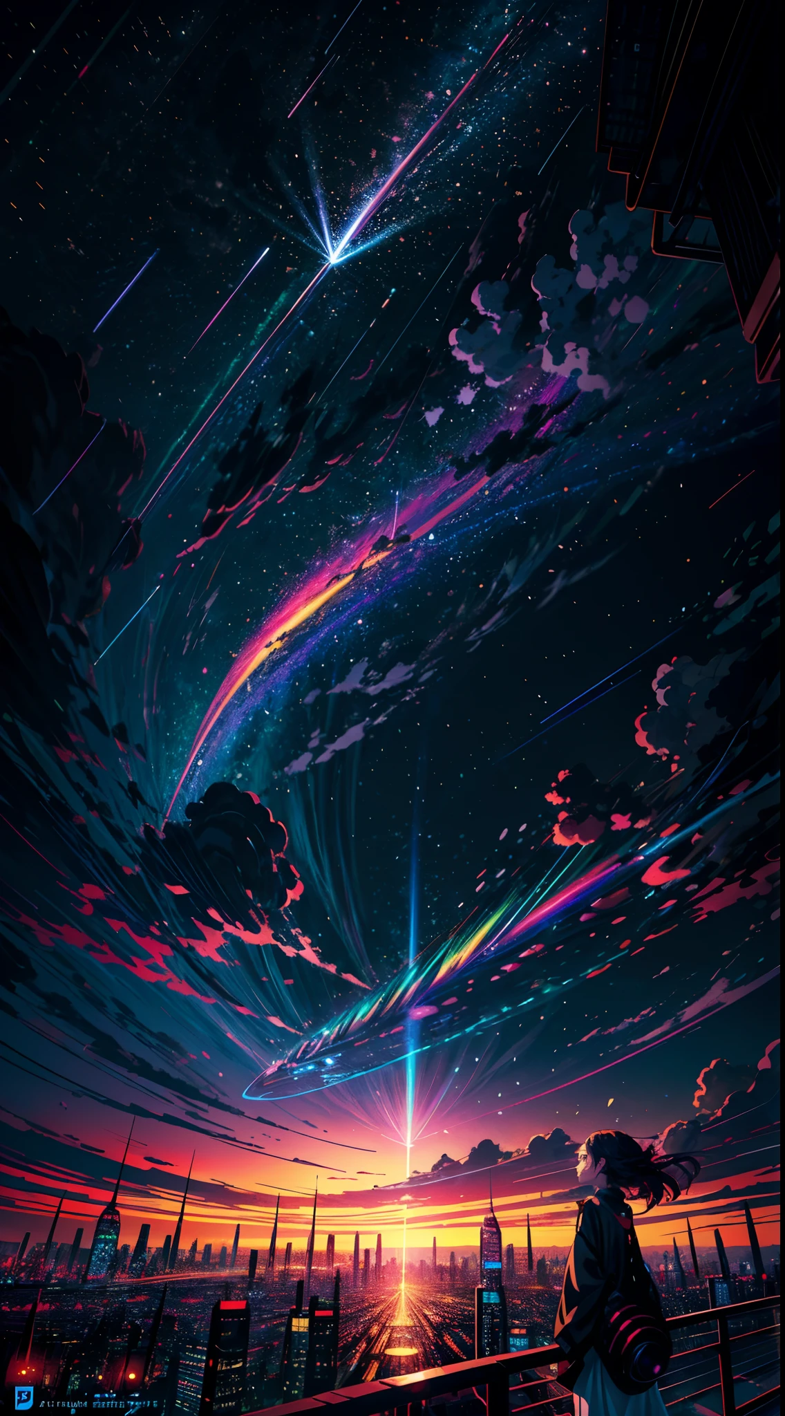 ((Daytime psychedelic shooting star Sky))、Anime girl looking at big city landscape, futuristic cyber City、 makoto shinkai cyril rolando, anime art wallpaper 8K, anime art wallpaper 8K, Anime art wallpaper 8K, inspired by Cyril Rolando, in the style dan mumford artwork, amazing wallpapers, by Yuumei