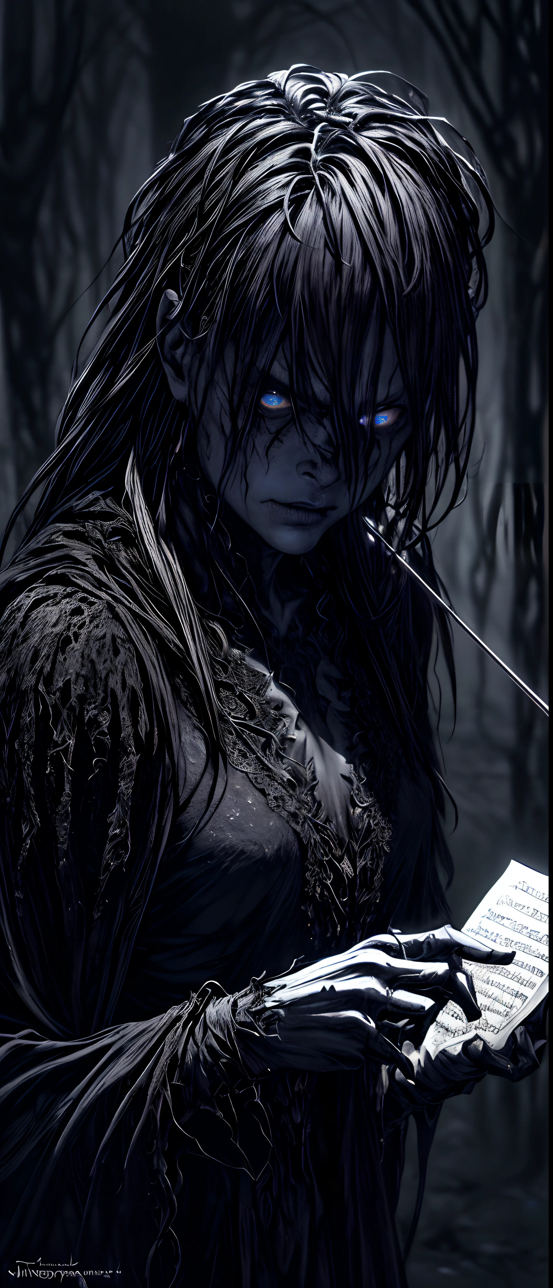 (best quality,4k,8k,highres,masterpiece:1.2),ultra-detailed,(realistic,photorealistic,photo-realistic:1.37),dark room,Alraune figure playing a violin,fantastic violin,Calavera couplet,dark metal music art,dark but intricate digital art,80s style Thomas Allen Kuehler,(phantasmal violin),Tomasz Alen Kopera and CGsociety,dramatic art piece,Straven Gel,created by Slawomir Maniak,showcasing a eerie and disturbing atmosphere,dark style,dark souls,expressive music,depth and shadows, enchanting and gloomy ambiance,dark and mysterious,nightmare,violent beauty,haunting melody,dark symphony,shadowed corners and dim light,hypnotizing performance,ominous setting,graceful and haunting,blackened music notes,faint glow in the dark,darkened room with sinister allure,focus on Alraune's stunning eyes, evoking emotions through his meticulous bow strokes.