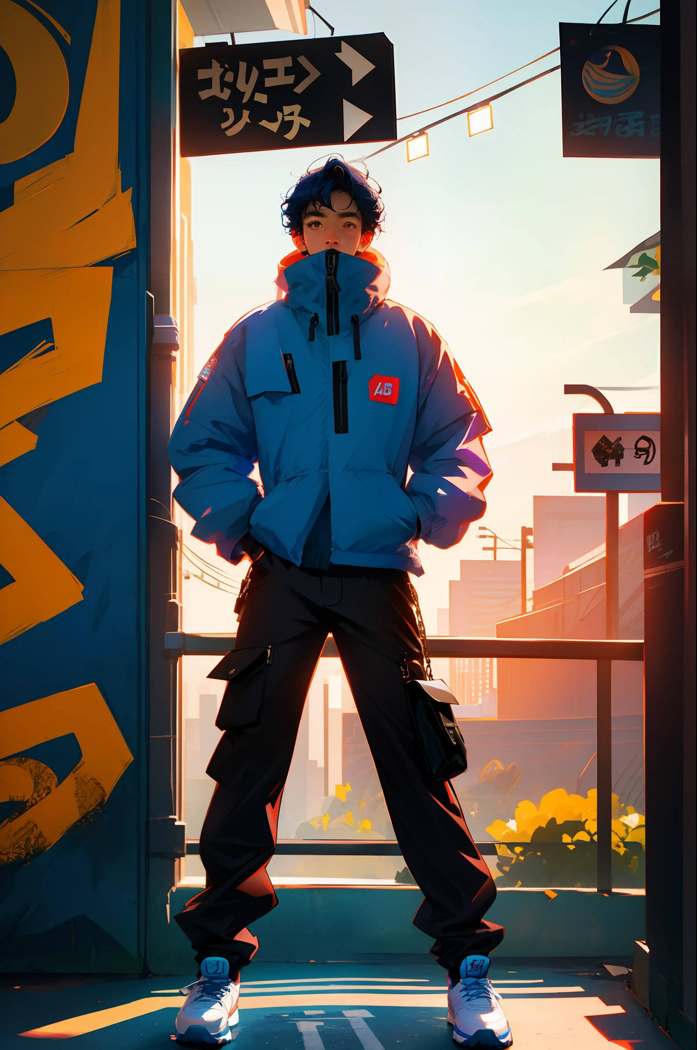 8K ,Top image quality,YouTubers posting for the first time,Cool Boy,Handsome Signature Look,Blue hair color,Dazzling colors,Calm pose, The background is the cityscape of a big city, Light and shadow interlace,streetart,TOKYOcty,Fashion Logo。