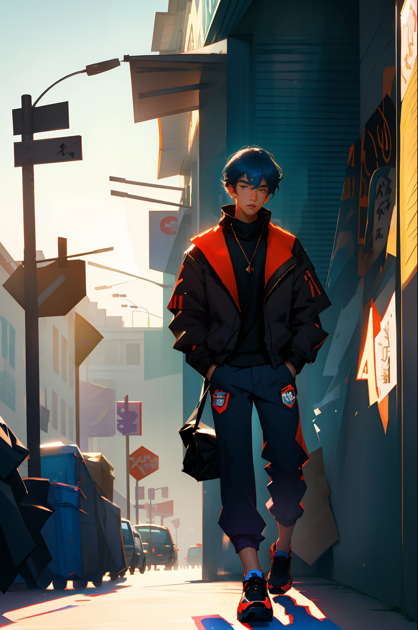 8K ,Top image quality,YouTubers posting for the first time,Cool Boy，Handsome Signature Look，Blue hair color，Dazzling colors，Calm pose, The background is the cityscape of a big city, Light and shadow interlace，streetart，TOKYOcty,Fashion Logo。