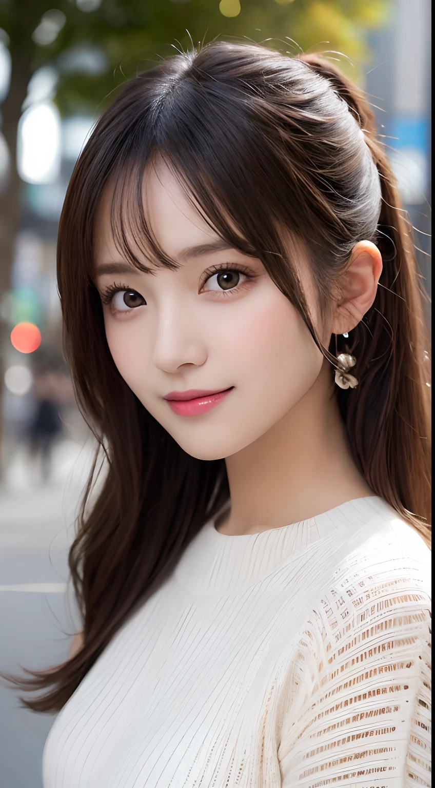 masutepiece, Best Quality, Illustration, Ultra-detailed, finely detail, hight resolution, 8K Wallpaper, Perfect dynamic composition, Beautiful detailed eyes, Women's Fashion Autumn Knitwear,Ponytail hair,Small breasts natural color lip, Bold sexy poses,Smile,Harajuku、20 years girl、Cute、Sexy shot looking at camera