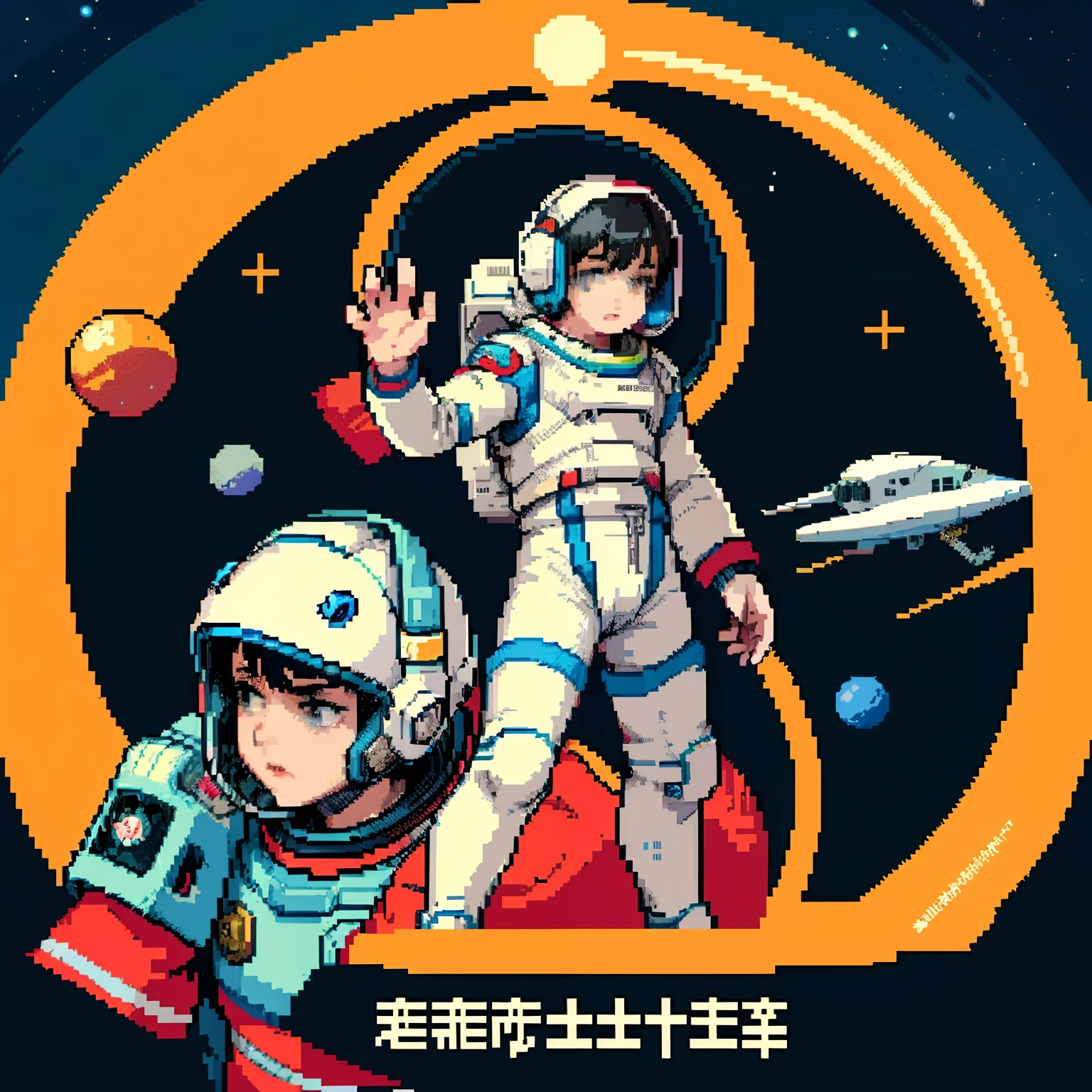 space,1boy,male focus,planet,solo,earth (planet),helmet,realistic,Chinese text,astronaut,spacesuit,retro artstyle,chinese people's appearance,the five-starred red flag,short hair,five shining stars,