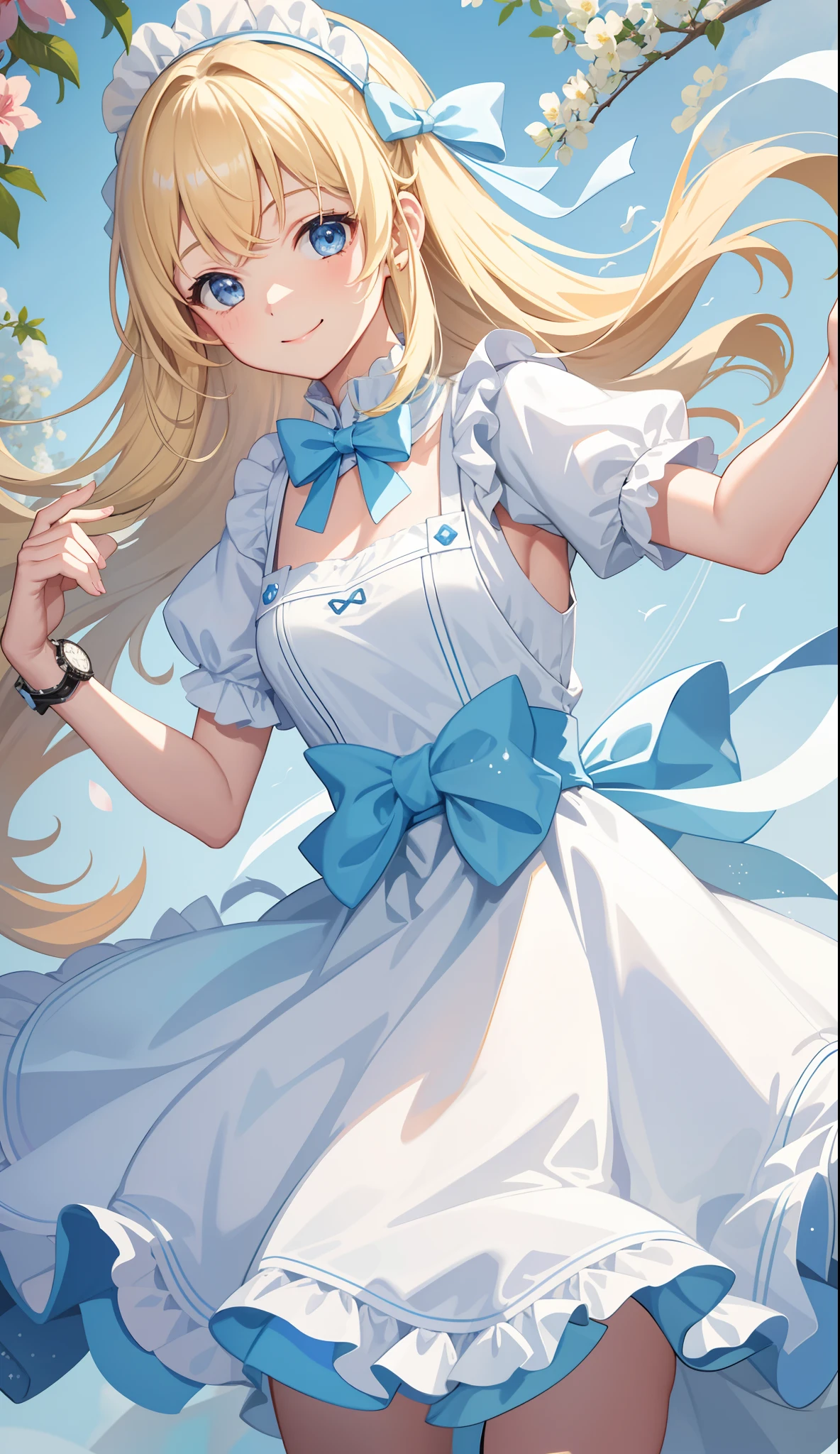 1girl in、A smile、Light blue dress、White apron、blonde  hair、bow ribbon、Watches、Wonderland、（small tits）、movement、