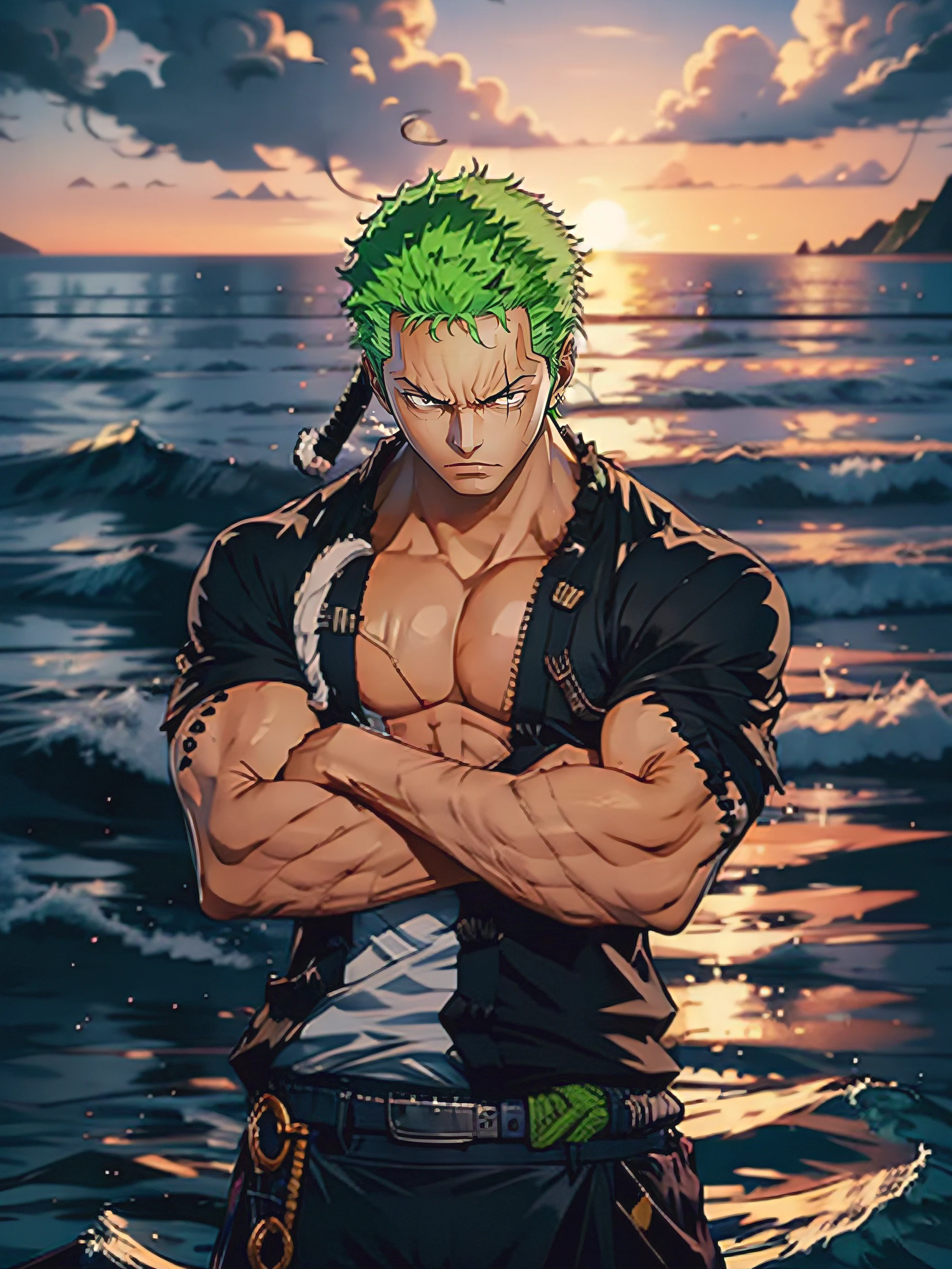 1man, minimalism, zoro roronoa, Eiichirō Oda, simple, vector, bodybuilder,  sea from background, scar across eye))