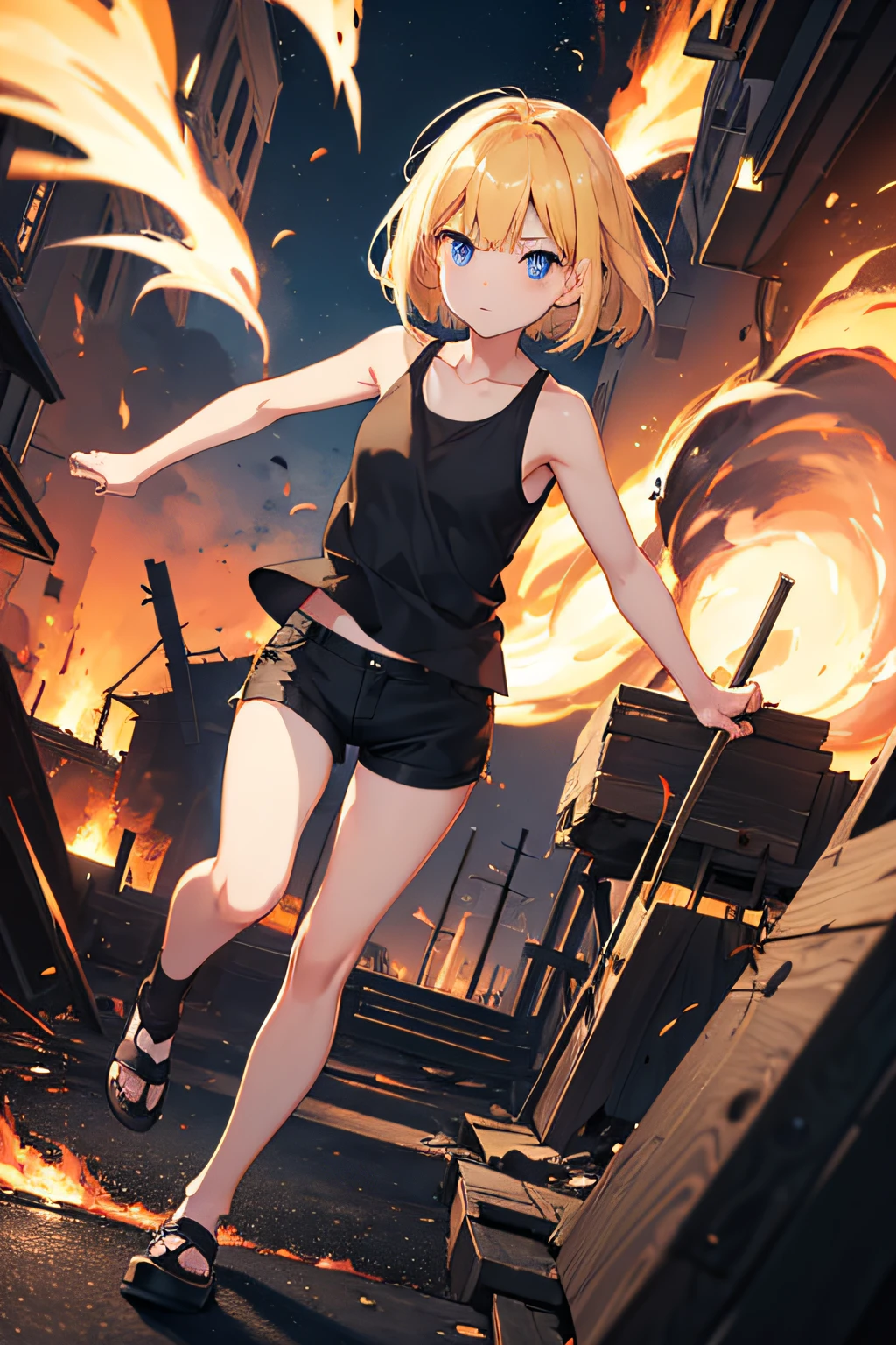 during night、Base explosion and burning、Exploding buildings、Cute girl with a lit matchstick、cute  face、full body Esbian、Short bob hair、a blond、blue eyes、Black tank top、sexy black shorts、Wearing black shorts