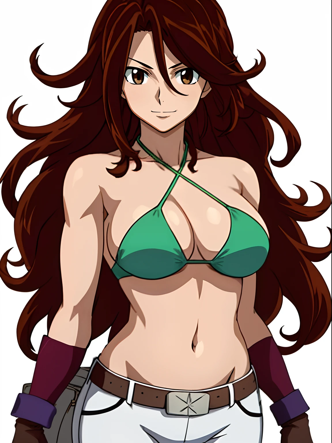 ((solo)), Best Quality, hires, curvy midsection, (strong woman, female wrestler, detailed muscles), smile, happy), upper body only, anime style: 1.8, anime drawing, ultra detailed face, ultra detailed body, 4k, Sumergai Lee Noriega, (standing), best quality, anime style, hires, highest definition, digital blending, bold drawing lines, (((White Background))), ( (pro female wrestler), long attractive belly, slim body, ((strong arm muscles)), broad shoulders , off-shoulders, closed fists, (strapless bikini, shorts, white gloves, , arm band, (champion belt))), (big breasts, closed mouth), (big eyes, brown eyes, shiny eyes), (reddish hair, loose hair, curly hair, wavy hair, long hair, floating hair), 27 years old