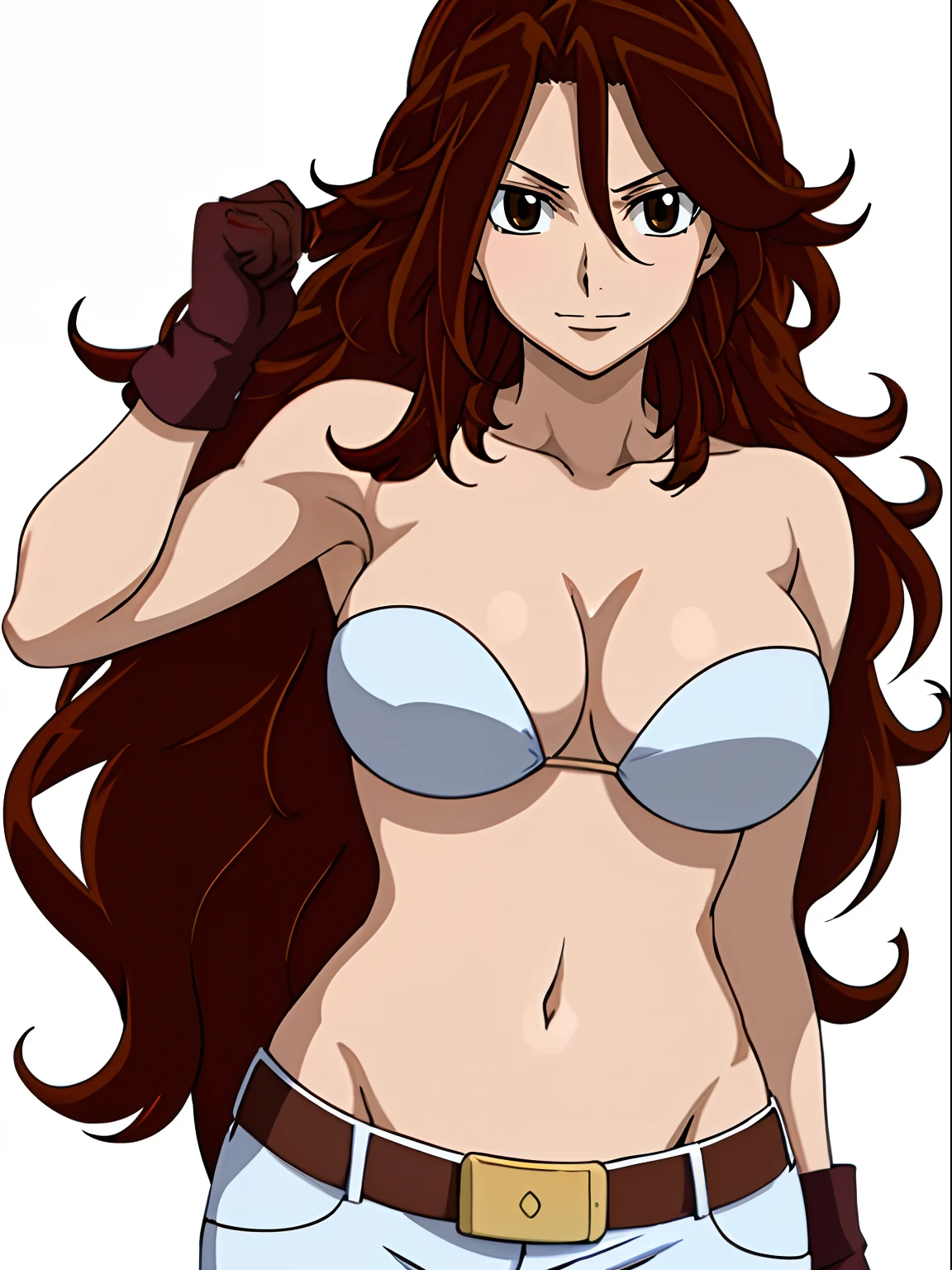 ((solo)), Best Quality, hires, curvy midsection, (strong woman, female wrestler, detailed muscles), smile, happy), upper body only, anime style: 1.8, anime drawing, ultra detailed face, ultra detailed body, 4k, Sumergai Lee Noriega, (standing), best quality, anime style, hires, highest definition, digital blending, bold drawing lines, (((White Background))), ( (pro female wrestler), long attractive belly, slim body, ((strong arm muscles)), broad shoulders , off-shoulders, closed fists, (strapless bikini, shorts, white gloves, , arm band, (champion belt))), (big breasts, closed mouth), (big eyes, brown eyes, shiny eyes), (reddish hair, loose hair, curly hair, wavy hair, long hair, floating hair), 27 years old