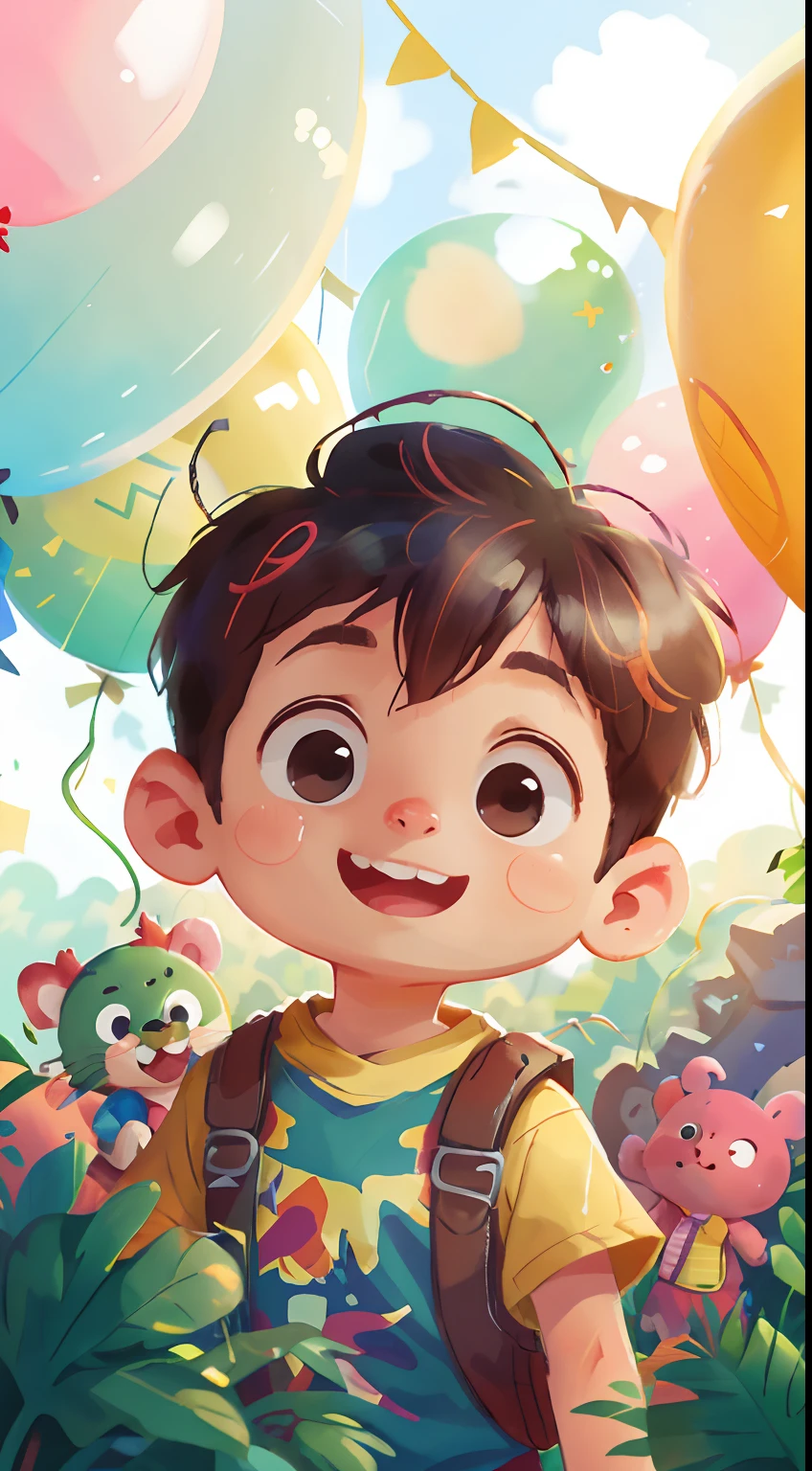 A boy, zoo, many balloons, happy, happy, perfect quality, clear focus (clutter - home: 0.8), (masterpiece: 1.2) (realistic: 1.2) (bokeh) (best quality) (detailed skin: 1.3) (intricate details) (8K) (detail eyes) (sharp focus), (happy)