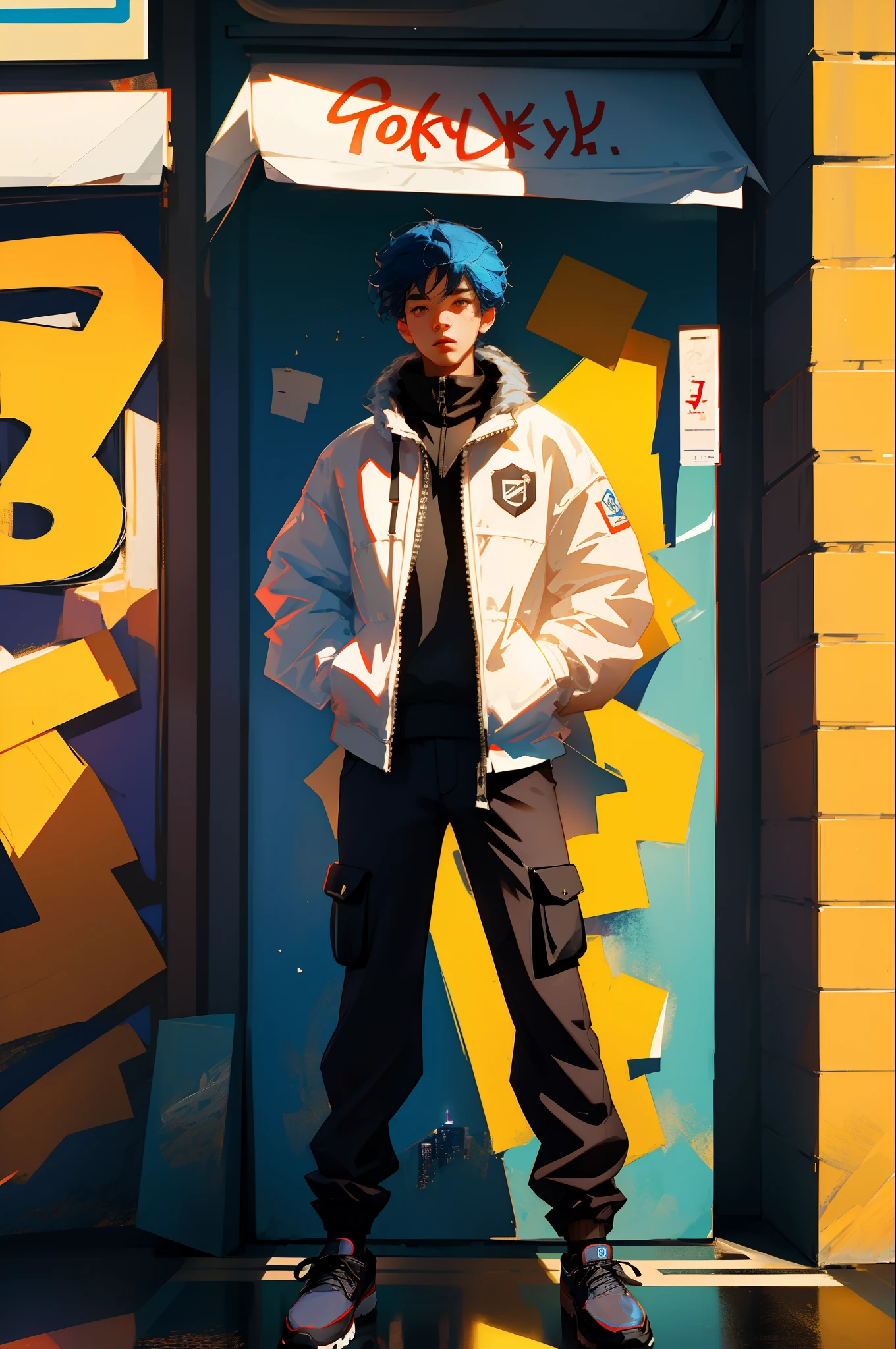 8K ,Top image quality,YouTubers posting for the first time,Cool Boy,Handsome Signature Look,Blue hair color,Dazzling colors,Calm pose, The background is the cityscape of a big city, Light and shadow interlace,streetart,TOKYOcty,Fashion Logo。