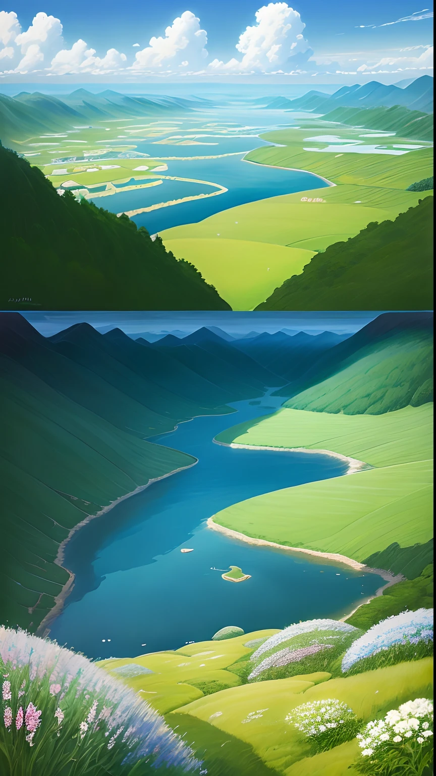 Realistic, authentic, beautiful and amazing landscape oil painting Studio Ghibli Hayao Miyazaki's petal grassland with blue sky and white clouds --v6