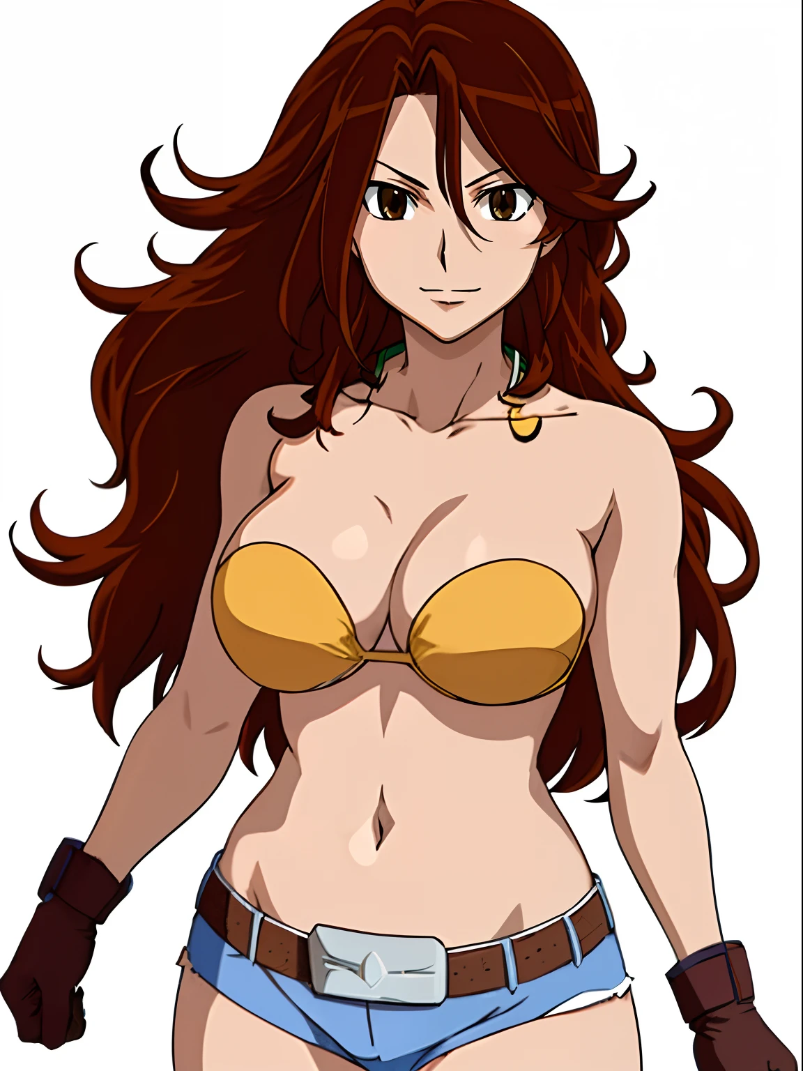 ((solo)), Best Quality, hires, curvy midsection, (strong woman, female wrestler, detailed muscles), smile, happy), upper body only, anime style: 1.8, anime drawing, ultra detailed face, ultra detailed body, 4k, Sumergai Lee Noriega, (standing), best quality, anime style, hires, highest definition, digital blending, bold drawing lines, (((White Background))), ( (pro female wrestler), long attractive belly, slim body, ((strong arm muscles)), broad shoulders , off-shoulders, closed fists, (strapless bikini, shorts, white gloves, , arm band, (champion belt))), (big breasts, closed mouth), (big eyes, brown eyes, shiny eyes), (reddish hair, loose hair, curly hair, wavy hair, long hair, floating hair), 27 years old