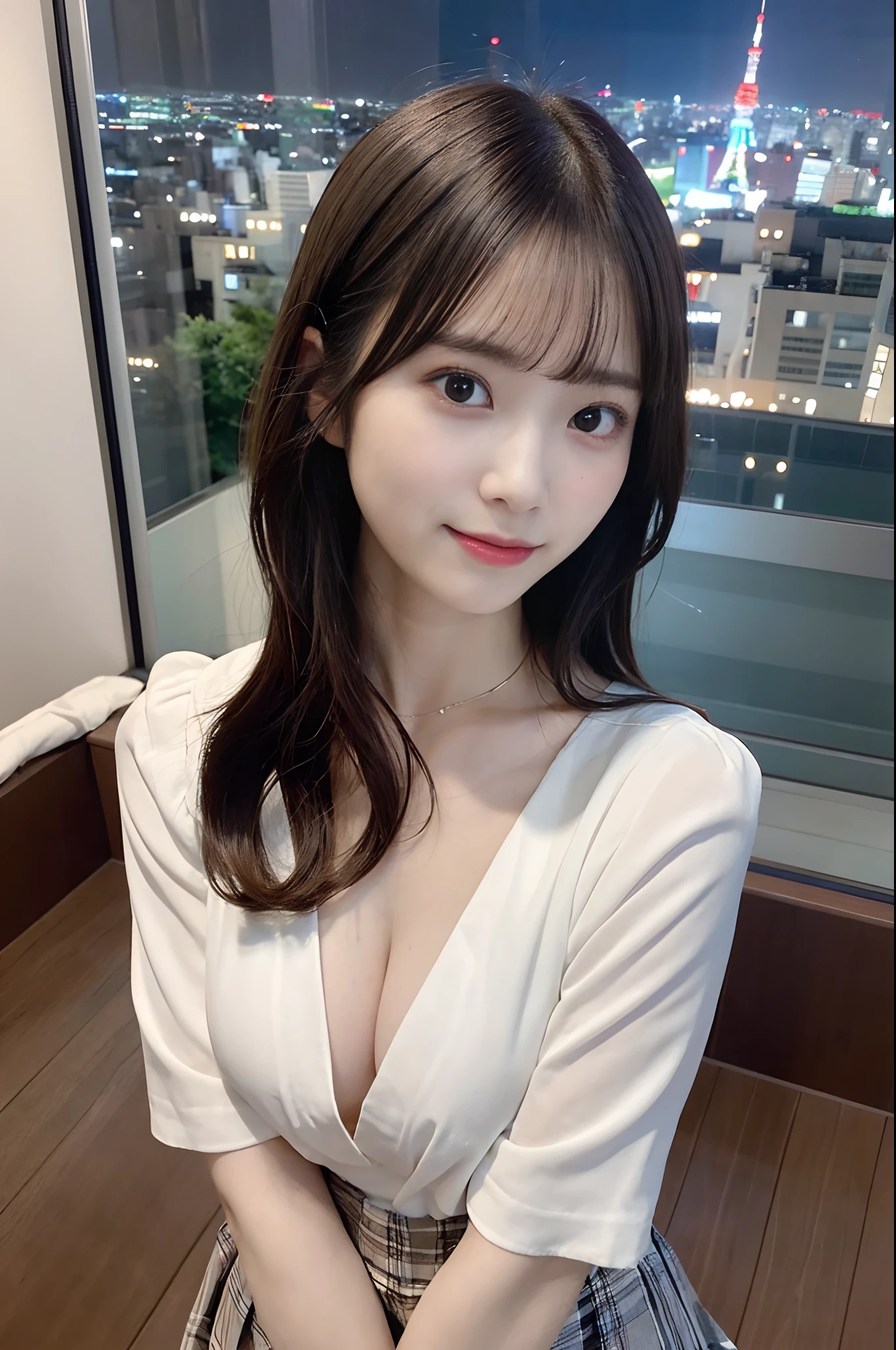 An ultra-high picture quality　4K picture quality　8K picture quality　huge tit　g-cup　big breasts　round breast　beutiful 　20yr old　japanes　Shorthair　Beautie　unclear　a baby face　with round face　Height 145 cm　skinny legs　Two arms　Wearing a school uniform that shows the shape of the chest　The  is hidden by a brown checked miniskirt　Standing in a luxury hotel room looking straight at me　There is a window in the back where you can see the night view of Tokyo Tower　Idol　nogizaka
