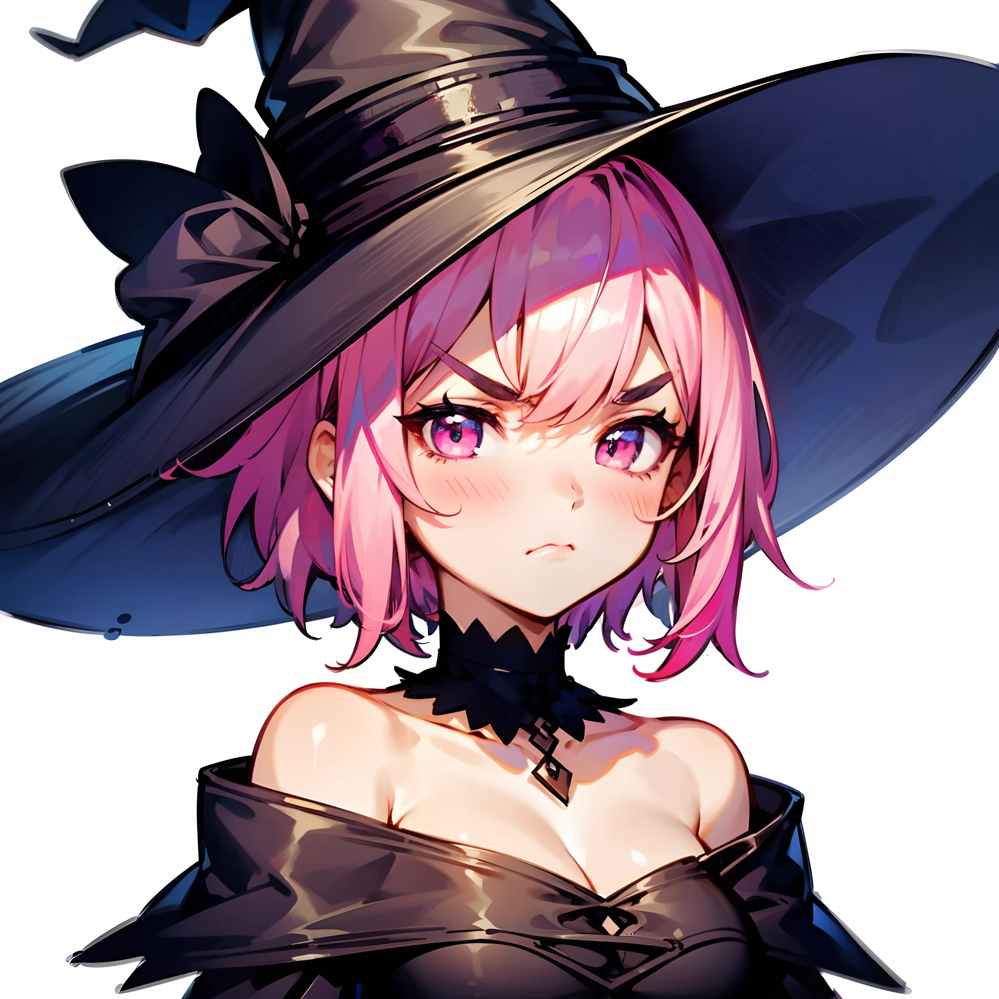 1girl, short pink hair, pink eyes, bushy eyebrows, black gothic dress, witch hat, medium breast, black choker, blush, frown, solo, best quality, masterpiece, portrait, simple background, looking at the camera, from the front, 1result, vibrant, detailed, perfect anatomy, detailed art, high definition, 4k, high resolution