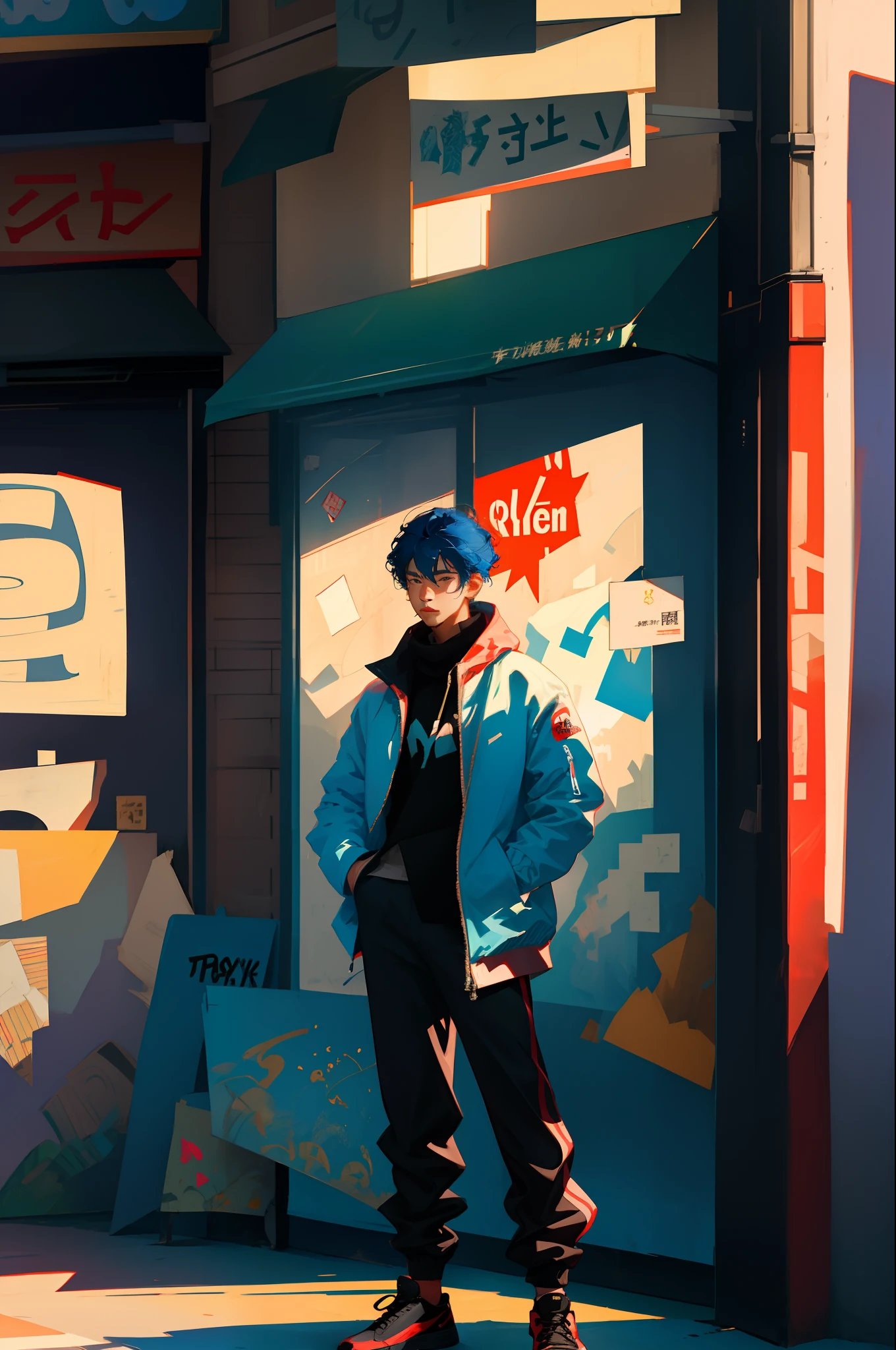 8K ,Top image quality,YouTubers posting for the first time,Cool Boy，Handsome Signature Look，Blue hair color，Dazzling colors，Calm pose, The background is the cityscape of a big city, Light and shadow interlace，streetart，TOKYOcty,Fashion Logo。