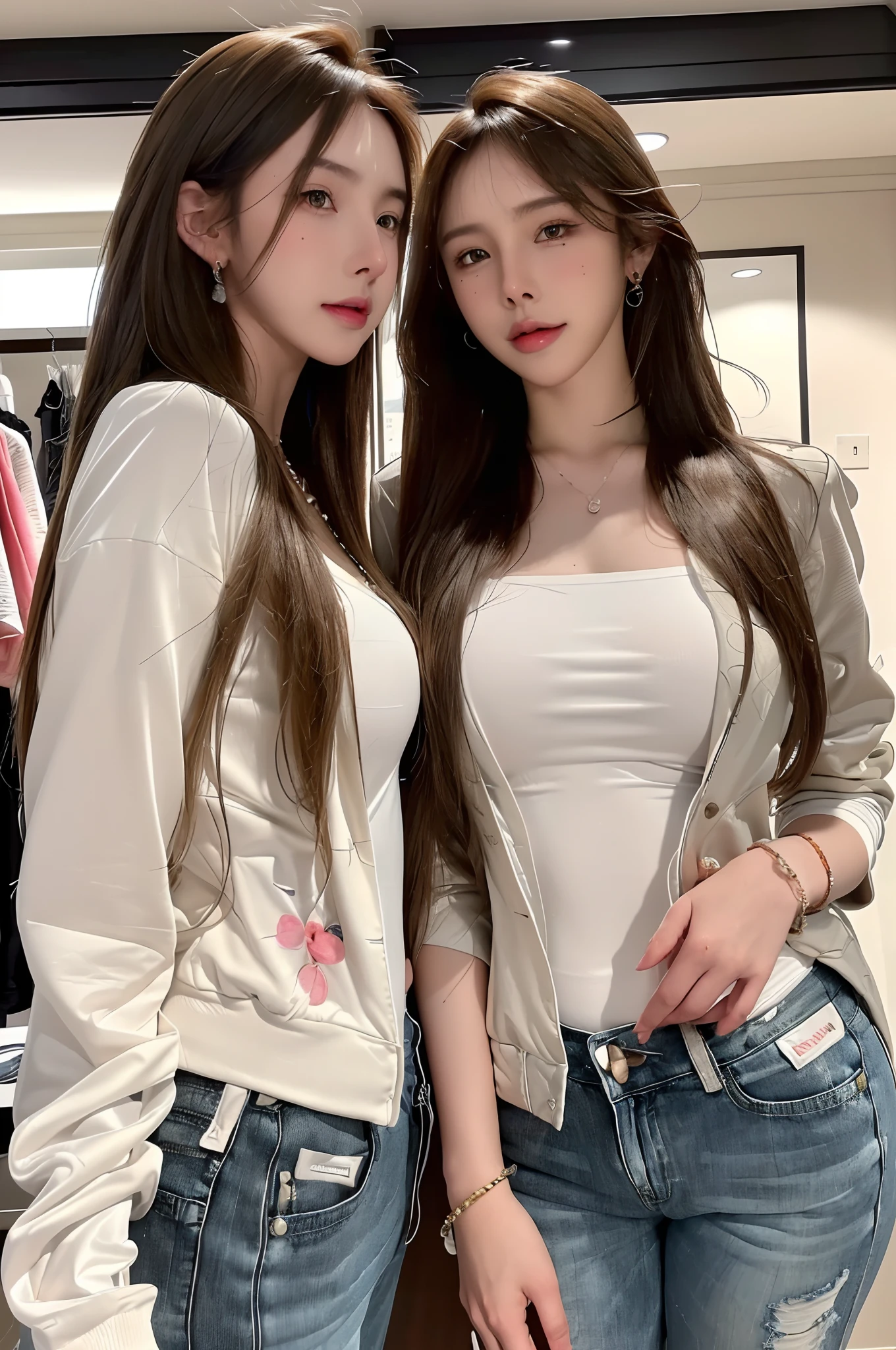 (Masterpiece, Best quality), (photograph realistic), (intricately details, Detailed face), hdr, 2girls,duo,leering:1.4,Dynamic pose, Beautiful girl
Front view, Look at the camera,
Light smile,
Variety of hairstyles,
(Variety of styles Jacket print, Variety of styles Home, A wide variety of pants),
Various earrings,
Various necklaces,
Various bracelets,