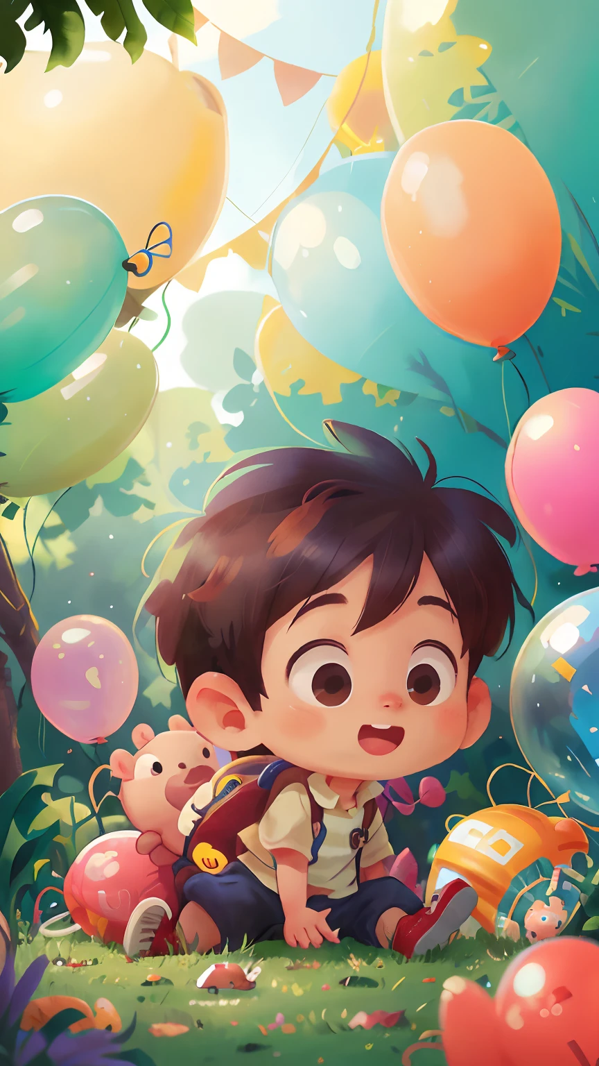 A boy, zoo, many balloons, happy, happy, perfect quality, clear focus (clutter - home: 0.8), (masterpiece: 1.2) (realistic: 1.2) (bokeh) (best quality) (detailed skin: 1.3) (intricate details) (8K) (detail eyes) (sharp focus), (happy)