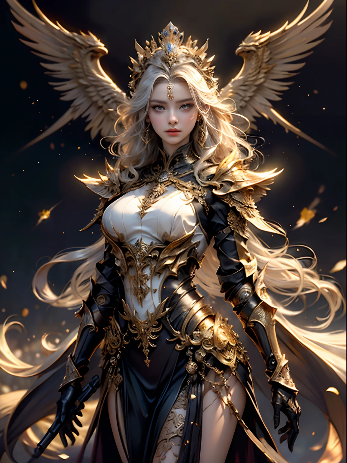 Elven woman in a golden transparent dress,Ver o visualizador,(((Seios enormes, clivagem grande))),cintura fina,(umbigo baring,cintura nua), Elven girl in shining armor, Bela armadura de ouro e prata, extremamente detalhado, Tiara e joias requintadas, cabelos longos e disformes, ultra-detalhado, Zhenyi Station, Local da tempestade, arte de fantasia detalhada, arte de personagem impressionante, Arte de personagem bonita e requintada, filigrana de joias de cristal, milky ways, visuais deslumbrantes, (dynamic streaks, trilhas leves:1.2), cores vibrantes, Cinematic lighting.