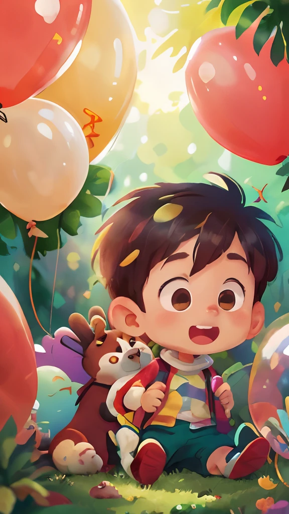 A boy, zoo, many balloons, happy, happy, perfect quality, clear focus (clutter - home: 0.8), (masterpiece: 1.2) (realistic: 1.2) (bokeh) (best quality) (detailed skin: 1.3) (intricate details) (8K) (detail eyes) (sharp focus), (happy)