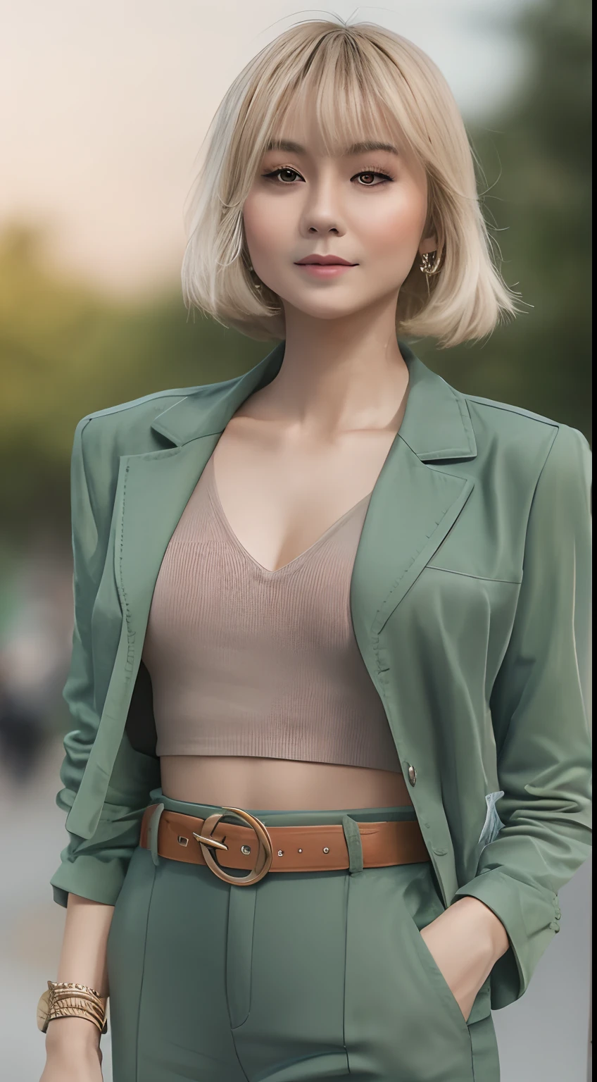 Malay girl wear Half Button Rib Knit Tee with green jacket and High Waist Plicated Detail Suit Pants, short blonde hair, bob haircut with bangs, walking in city street, catwalk, confident walk, carrying handbag, windy, elegance, front view, detail skin, detail skin texture, beautiful malay face, pastel color outfit, small breast, wide hip, wide waist, thick thighs, slim abs, beautiful body, evening, sunset, sun light enhance dramatic mood, arrogant smile, professional cinematic  lighting, blur background, bokeh, realistic, ultra detail, high quality,