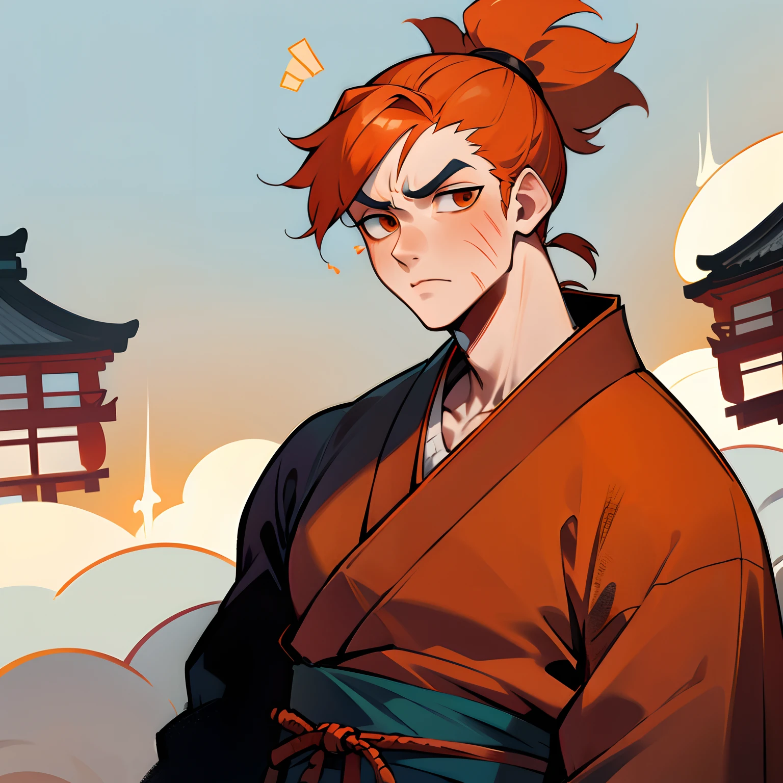 1boy, ((solo)), kimono, ((japanese clothes)), orange hair ponytail, serious face expression, scars on the face, ((strong body))
